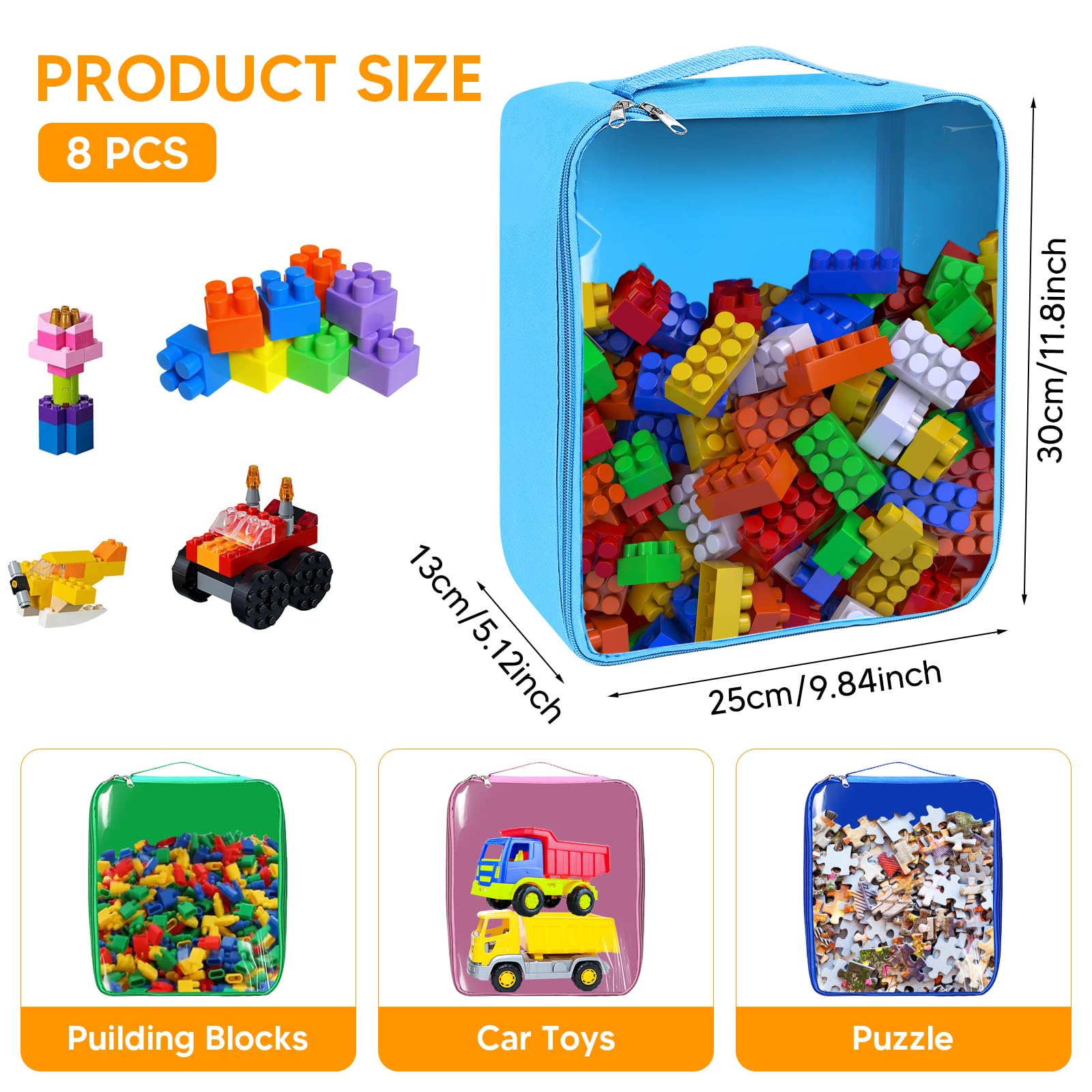 EVELOMO 8 Packs Toy Storage Bags with Zipper, Clear PVC Organizing Bags,Waterproof Toy Storage Bags,Toy Organizing Bags for Building Blocks, Books, Puzzle