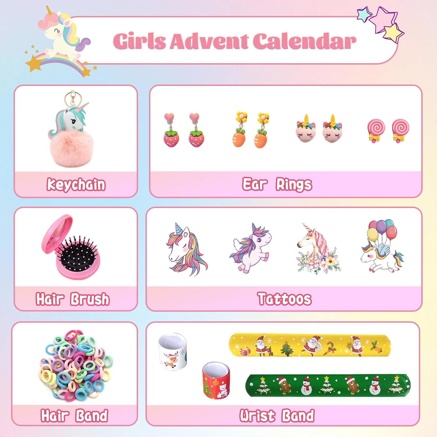 Advent Calendar for Girls with 24 Jewelry Gifts, Christmas Countdown Calendar, Hair Accessories, Bracelets, Ring, Clips, Stickers, Coin Purse - Image 4