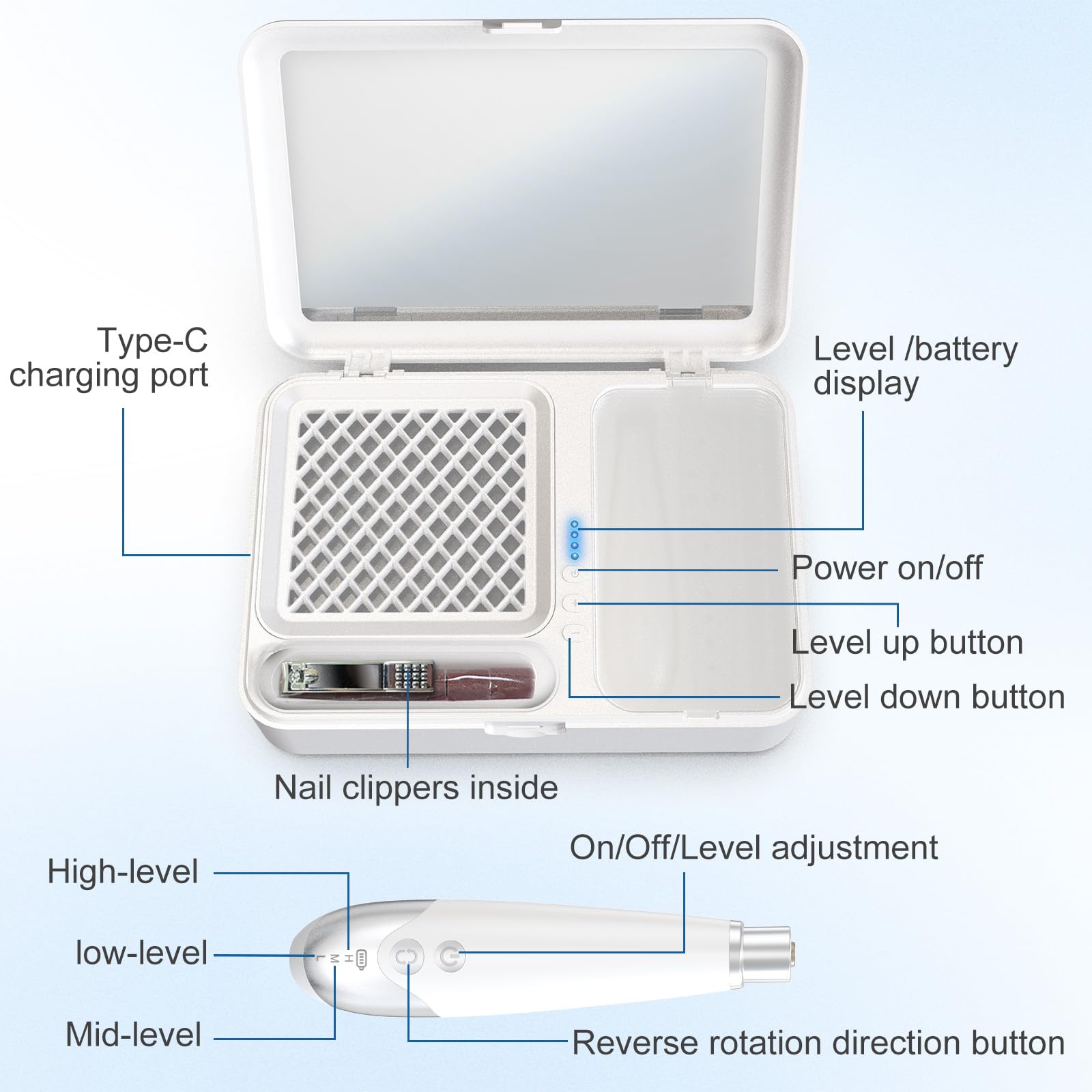 2 in1 Akku Nagelstaubsauger mit 16-teiligem Maniküre-Set, Kabellos, 4000mAh