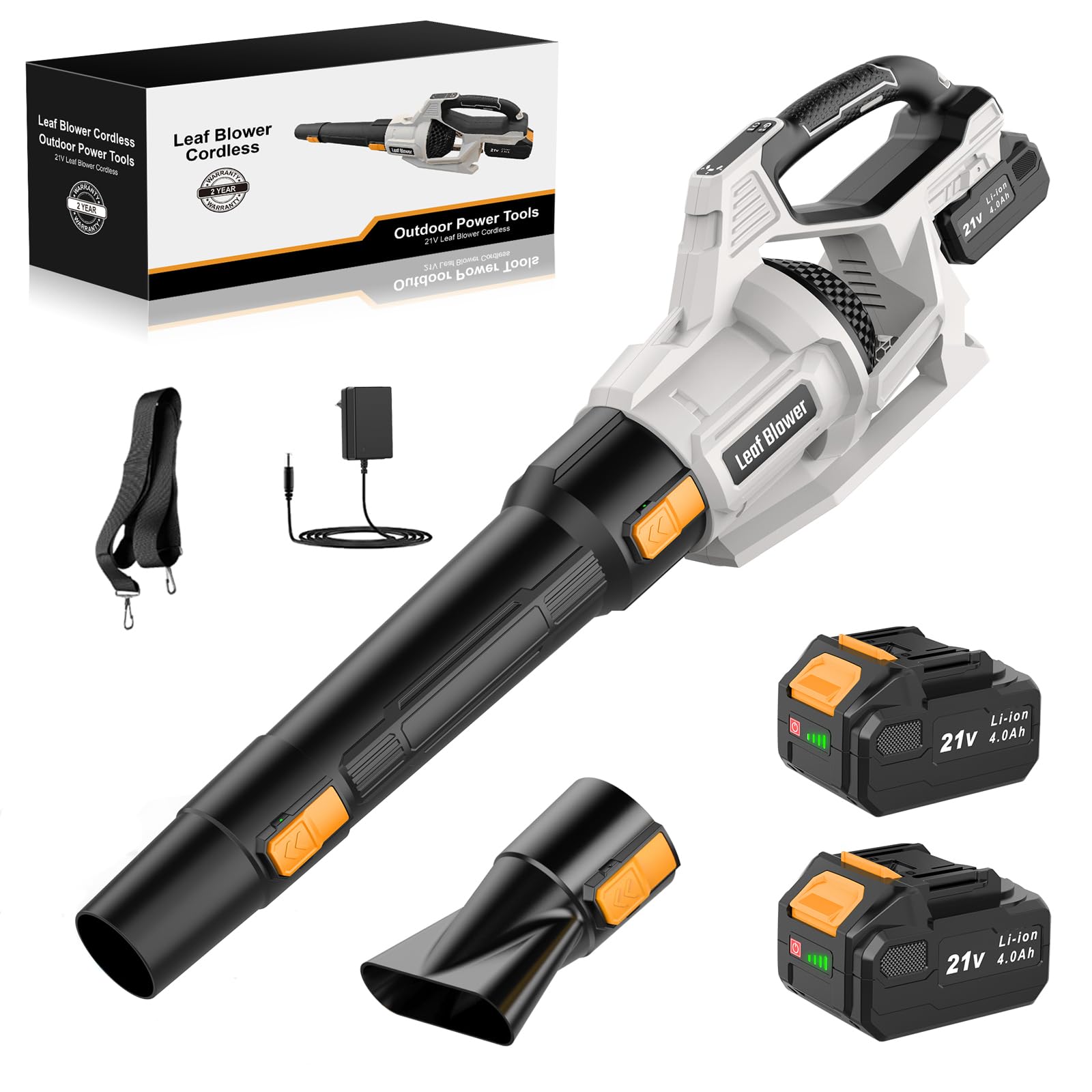 Soffiatore a Batteria, KUZUPRO Soffiatore per Foglie 21 V con 2 Batterie da 4,0 Ah e Caricabatterie, 240 km/h, 3 Velocità Regolabili, 2 Ugelli e Tracolla per Giardino, Cortile e Terrazza