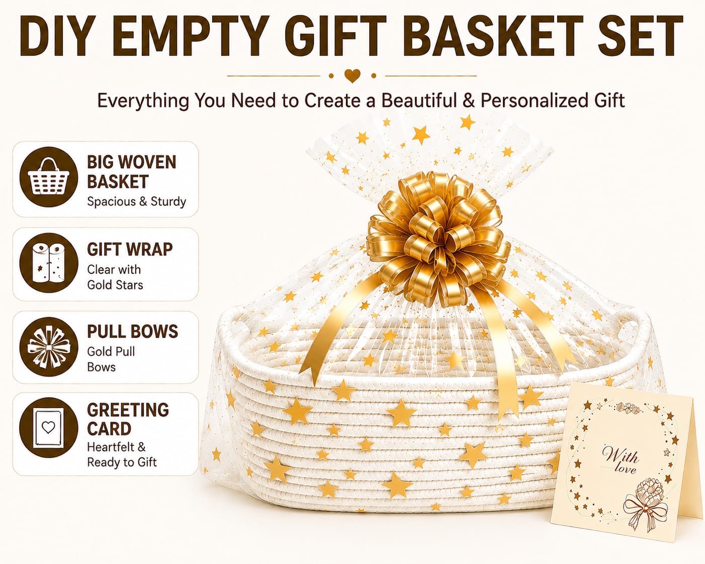 Large Empty Gift Basket Set – Includes Big Woven Basket, Gift Wrap, Confetti & Greeting Card, Ideal for Bridal Shower, Baby Shower & Party Gifting image 2