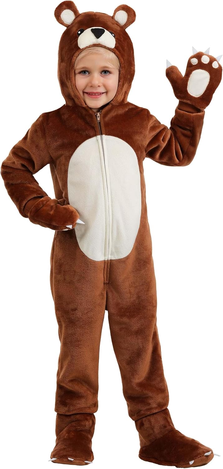 Toddler Wild Teddy Bear Costume | Hooded Animal Jumpsuit with Paw Mitts and Shoe Covers for Halloween, Dress Up