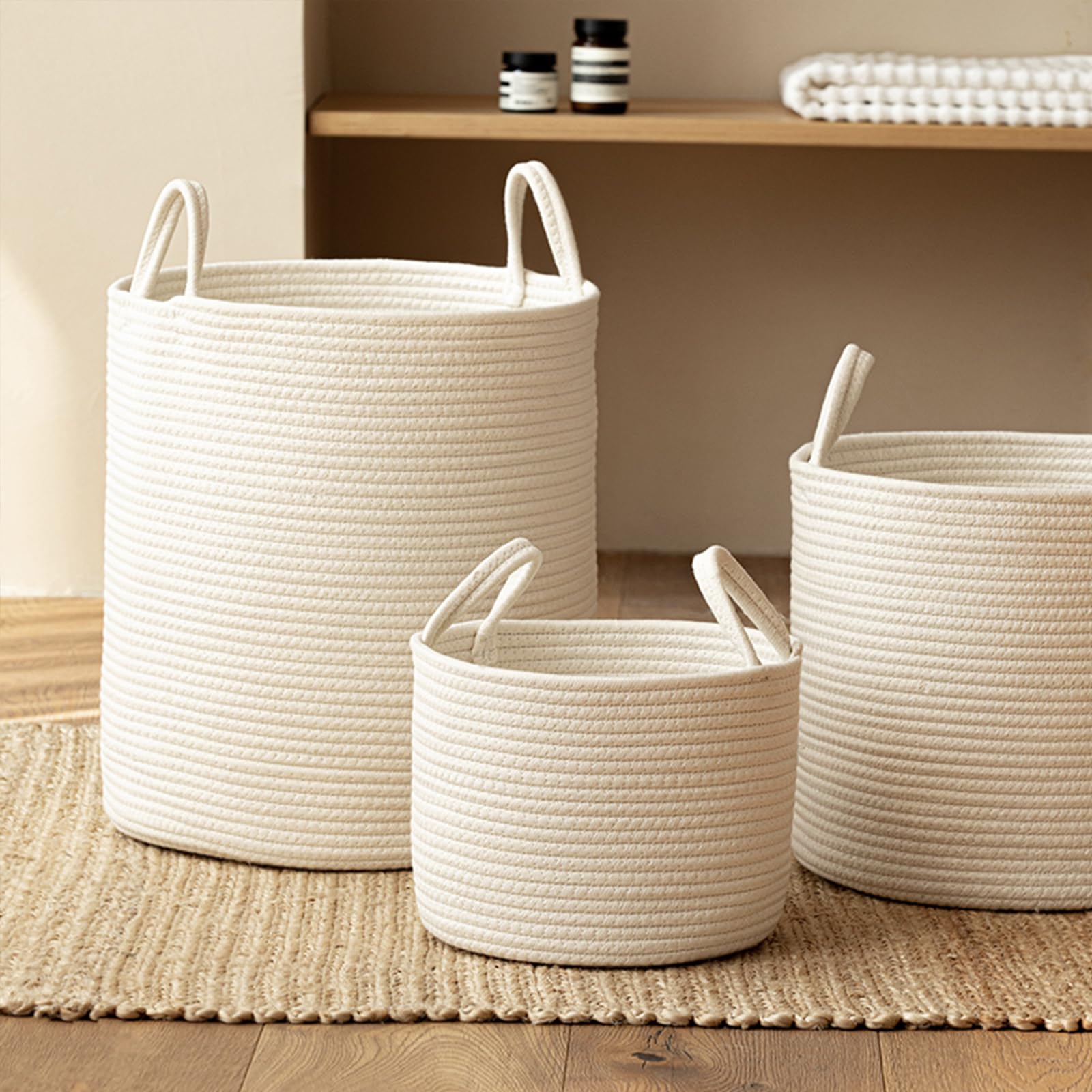 Panier de rangement beige, panier rond en corde de coton, panier pour linge sale, boîte de rangement, convient pour les jouets, couvertures, linge sale, petites choses, collations (Beige, M)
