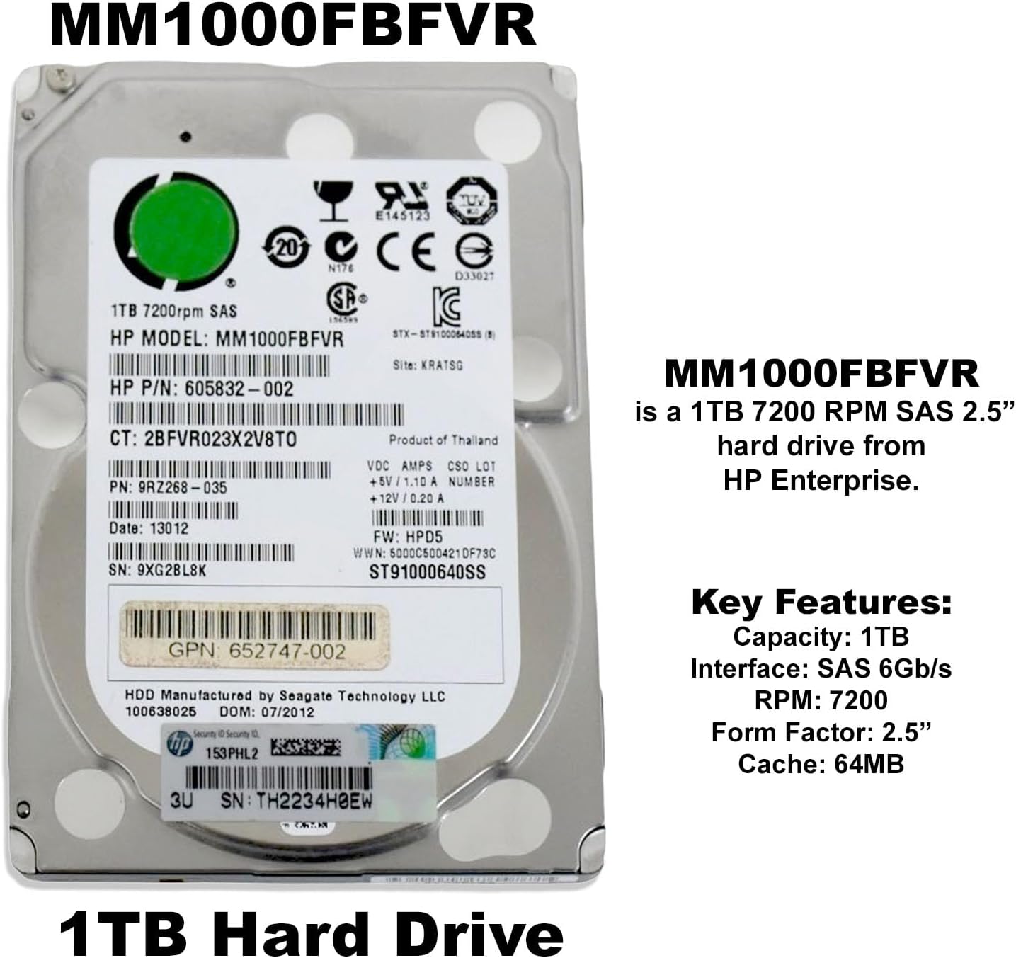 Bluetech 2023 MM1000FBFVR Compatible 1-TB 6G 7.2K 2.5 DP MDL SAS HDD (Renewed)