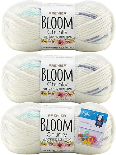 Premier Yarns Bloom Chunky - 3.5 oz - Peso voluminoso #5 - Paquete de 3 paquetes con marcadores de puntada Bella's Crafts (Sea Holly)