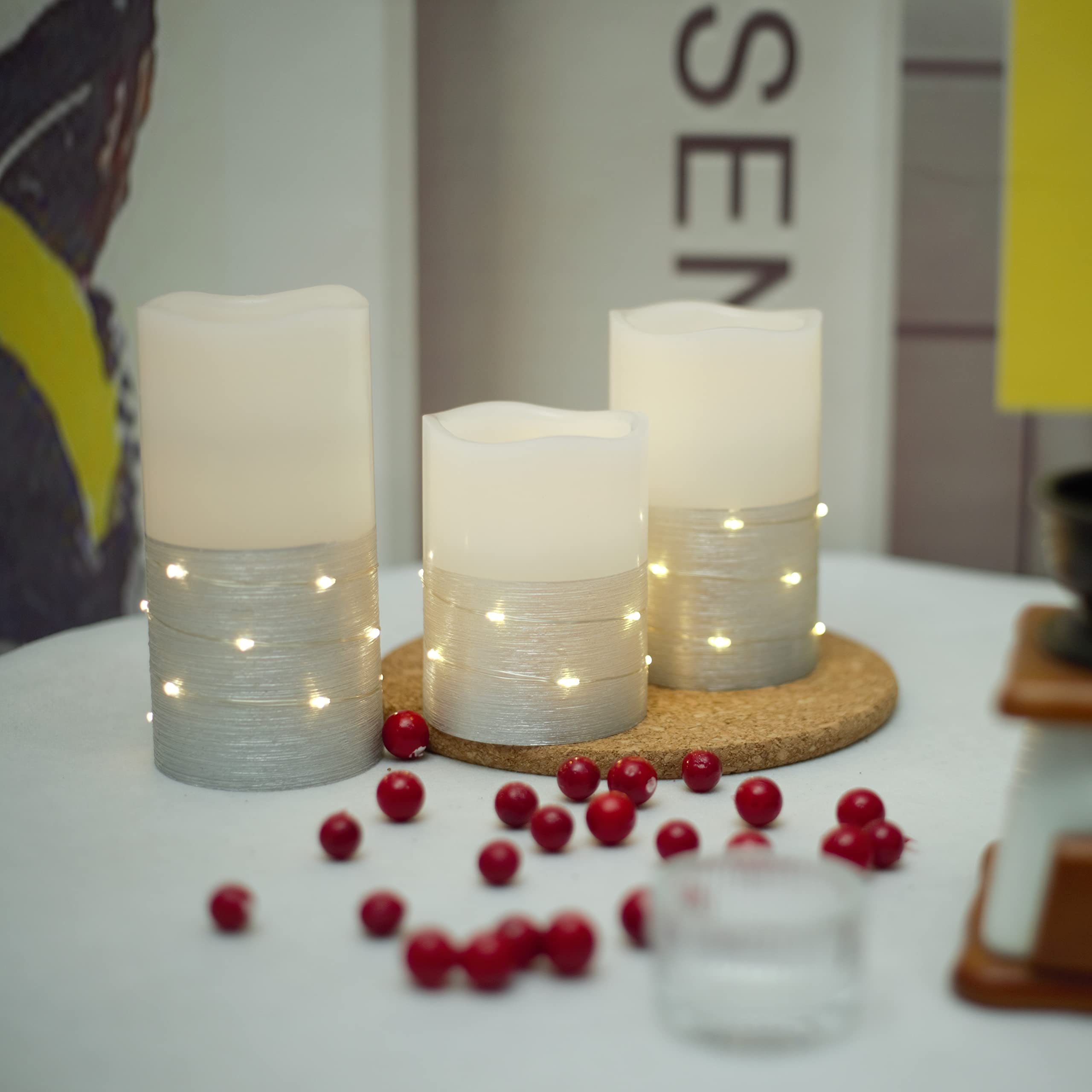 H-BLOSSOM Flickering Flameless Candles Ivory Real Wax Pillar with Embedded String Lights LED Candles Battery Operated with 10 Key Remote and Cycling 5H Timer Set of 3 (3" x 4"/5"/6") (Silver)