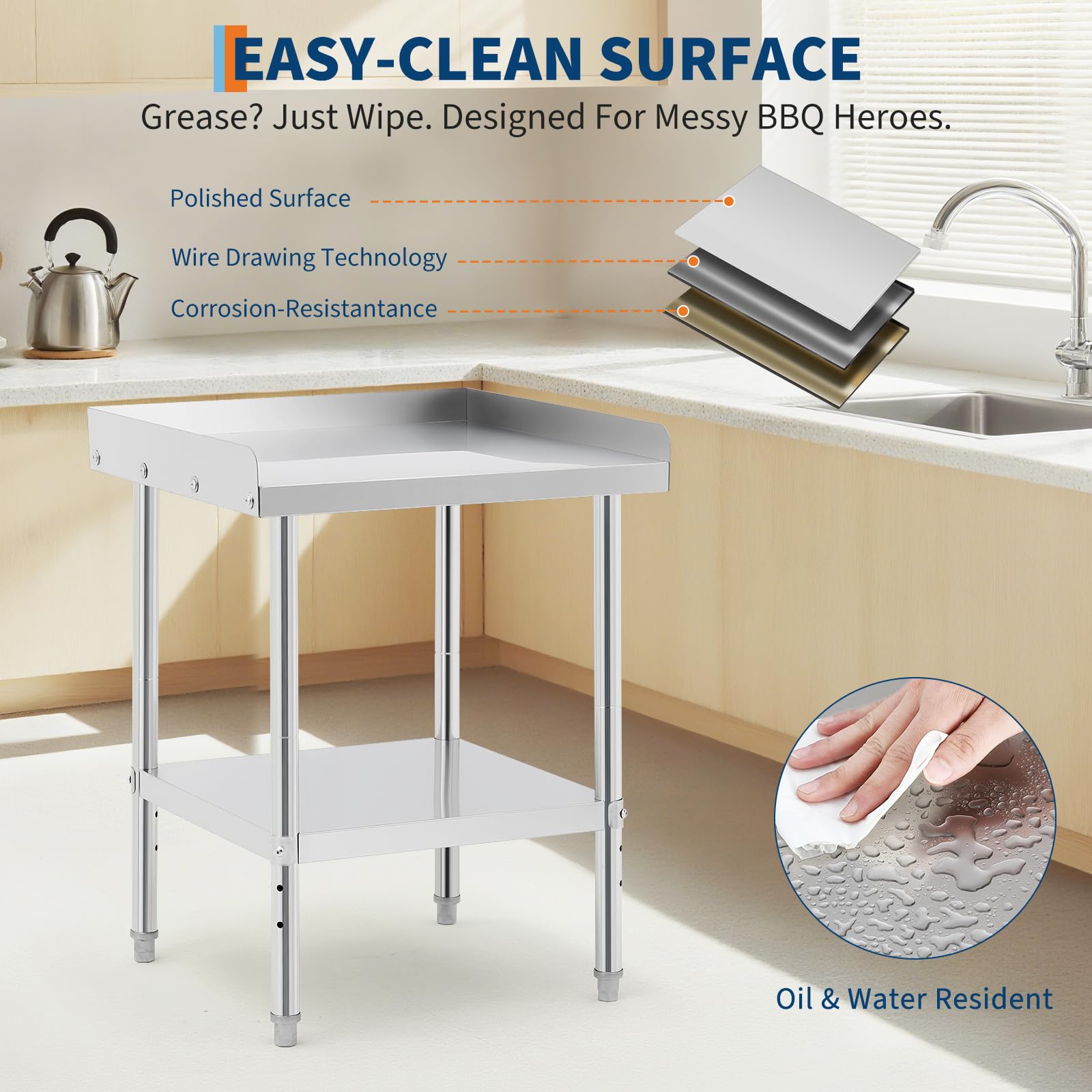 Garvee Mesa de Trabajo Acero Inoxidable 201 para BBQ 30,5 × 61 × 76 cm, con Protector Desmontable de 3 Lados, Estante Inferior, Mesa Auxiliar Cocina Exterior