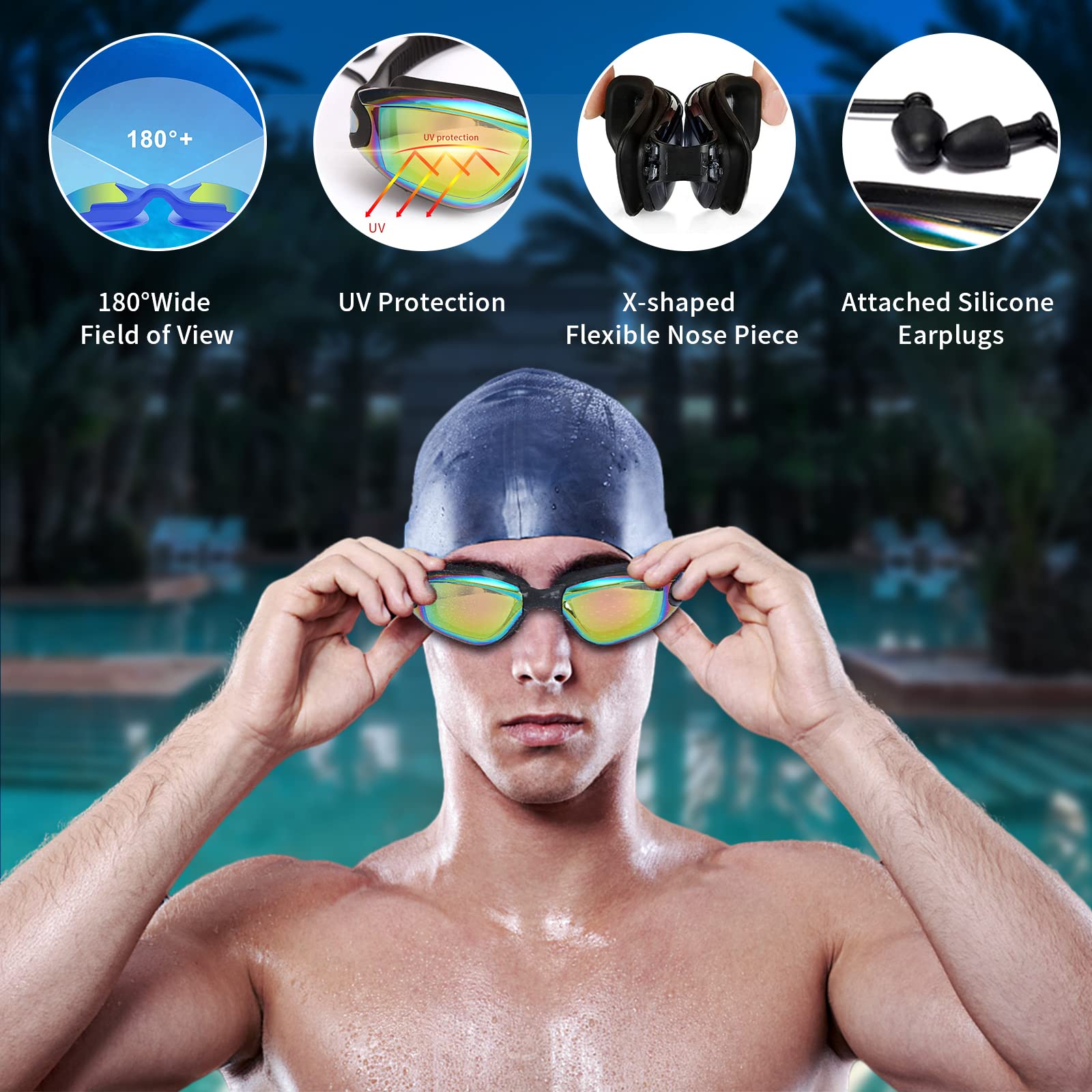 YLYUELANG Occhialini da nuoto per adulti, uomini e donne, design tappi per le orecchie, anti-perdita, anti-appannamento, protezione UV, occhiali da nuoto per giovani