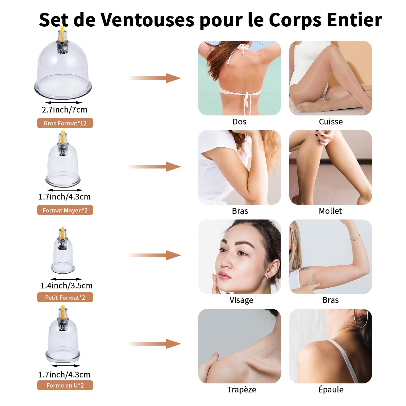 Kit de 18 Ventouses Thérapeutiques, ventouse massage anti-cellulite et relaxation musculaire，ventouse hijama comprenant aiguilles d'acupression amovibles, pompe à vide, tuyau d'extension