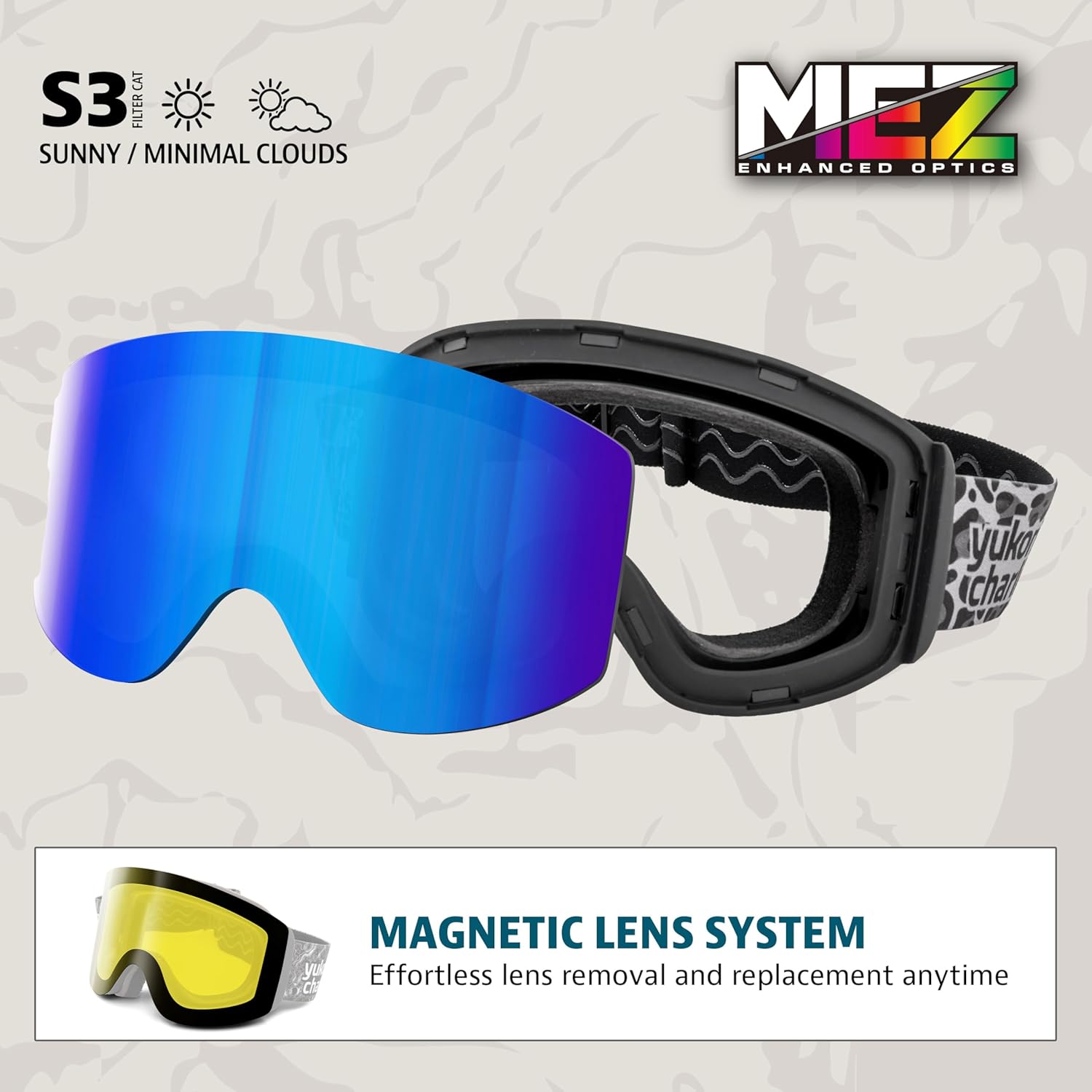 Yukon Charlie's Ropeline Adult Snow Goggles - Removable Magnetic Cylindrical Lens - Boosted Contrast, Reduced Glare, Anti-Fog