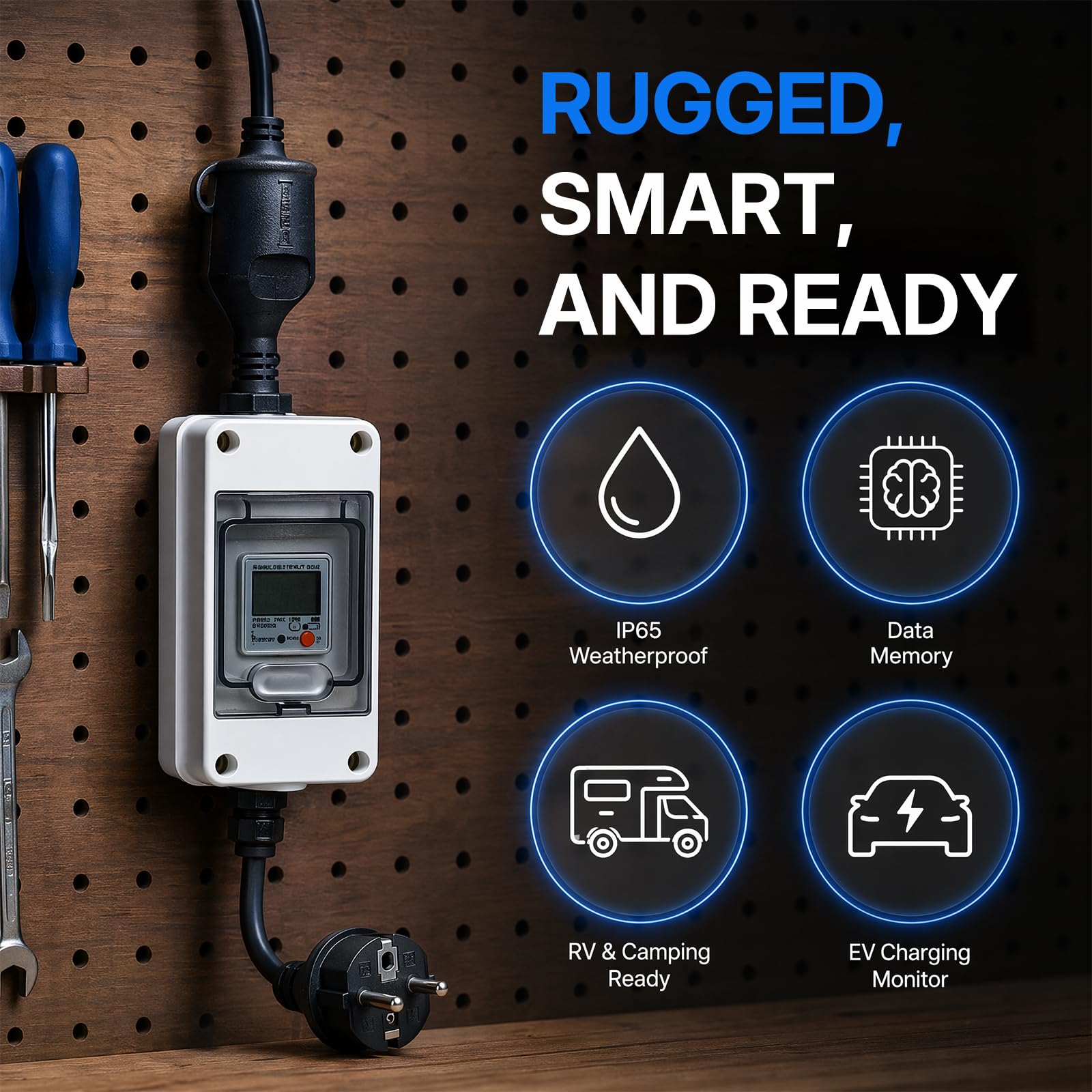 Contador Eléctrico Digital Portátil, 230V 16A, IP65, Reinicio, Cable 1m | Ideal para autocaravana, Vehículo eléctrico, Hogar, Lectura digital fácil, Resistente al agua IP65, Cálculo preciso