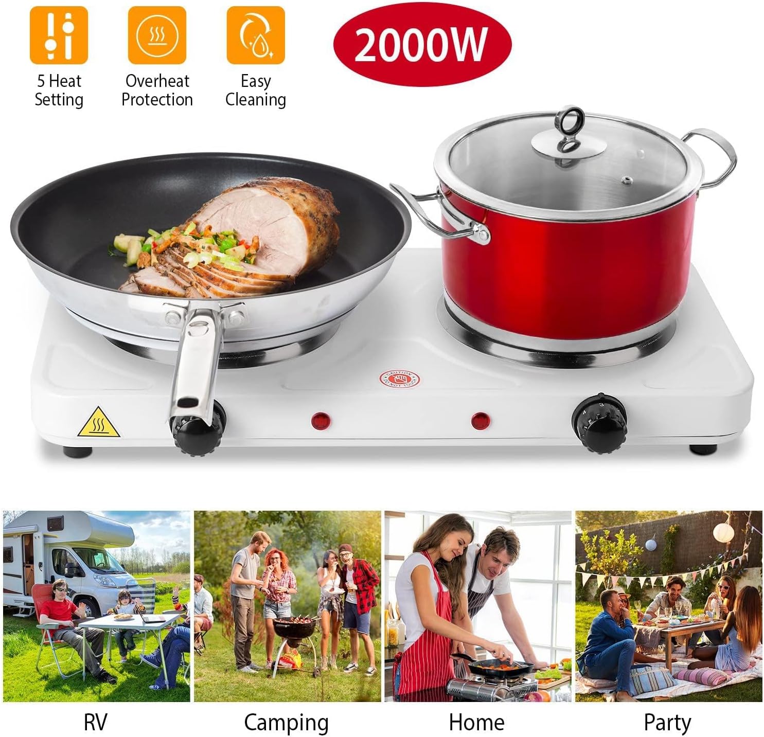 KOCASO 2000W Double Electric Burner Portable Dual Counter Stove Countertop Hot Plate Kitchen Cooker Stove with 5 Gear Temperature Control