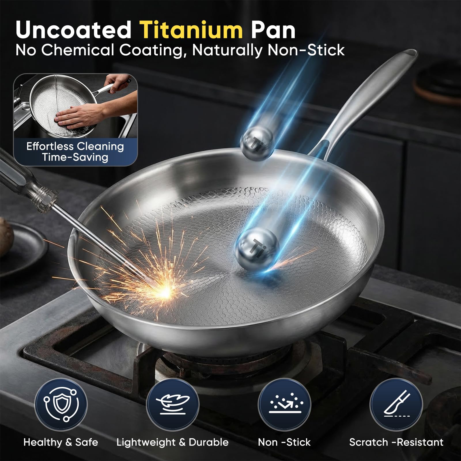 Titan, padella da 26 cm con coperchio, padella non rivestita in titanio puro al 99,7% e acciaio inossidabile 316L, senza PTFE/PFOA, utilizzabile in forno fino a 260 °C, per tutti i tipi di