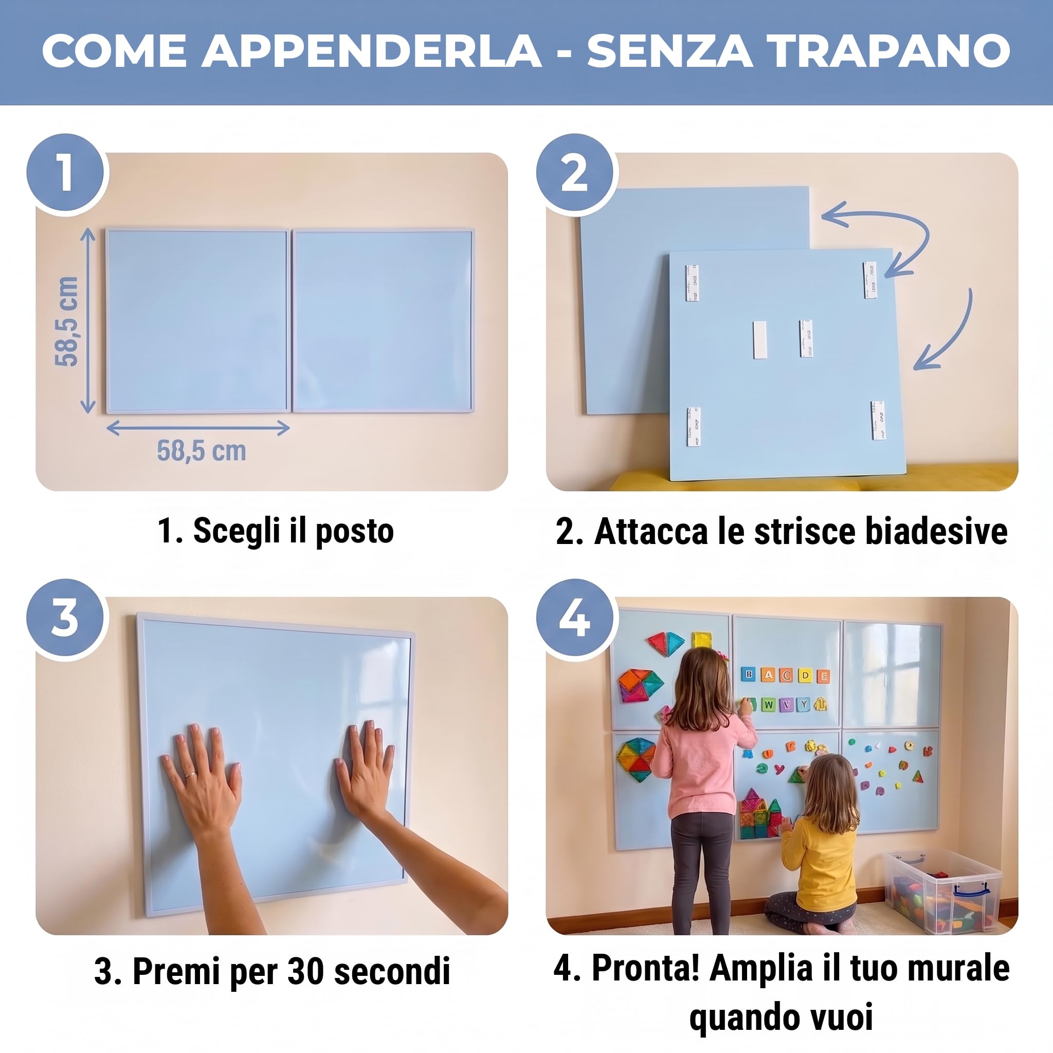 Lavagna Magnetica da Parete per Calamite Grande 58,5 x 58,5 cm, Doppia Faccia Bianca e Azzurra, Lavagna Cancellabile Adesiva senza Cornice né Fori, Bacheca per Frigo, Cucina, Casa, Bambini e Ufficio