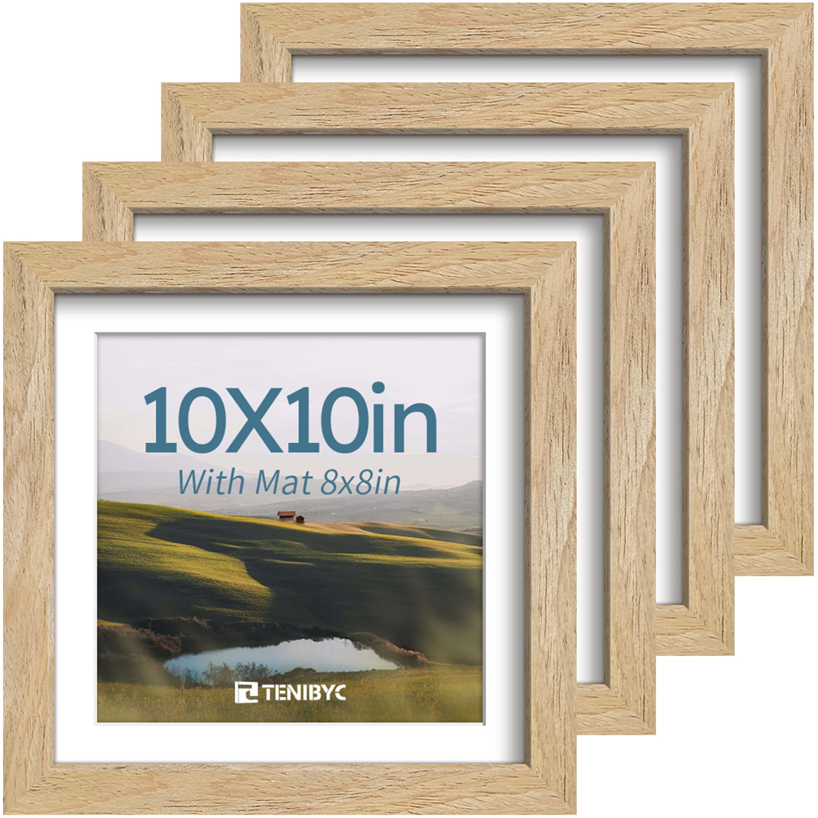 Photo 1 of 10x10 Picture Frame Set - 4 Pack, Natural Solid Wood Photo Frames - Tempered Glass - Displays Photos 8x8 with Mat or 10 x 10 without - Room, Office, Gallery, Studio, and Hallway Decor - Wall Hanging