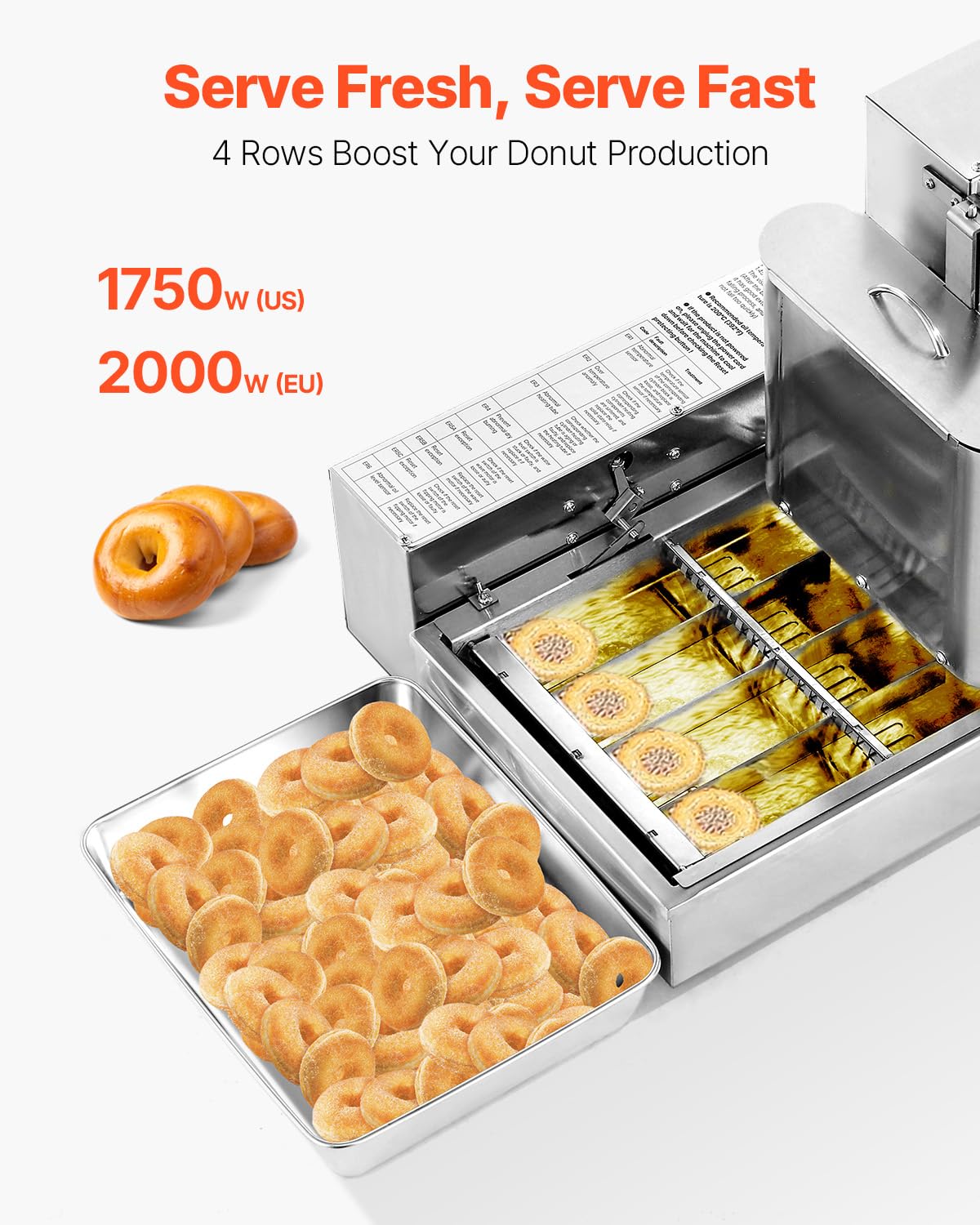 VEVOR Macchina Automatica per Ciambelle, Attrezzatura Commerciale per Ciambelle a 4 File, Macchina in Acciaio Inox Intelligente per Ciambelle Elettrica ad Alta Potenza da 240 Pezzi Ogni Ora
