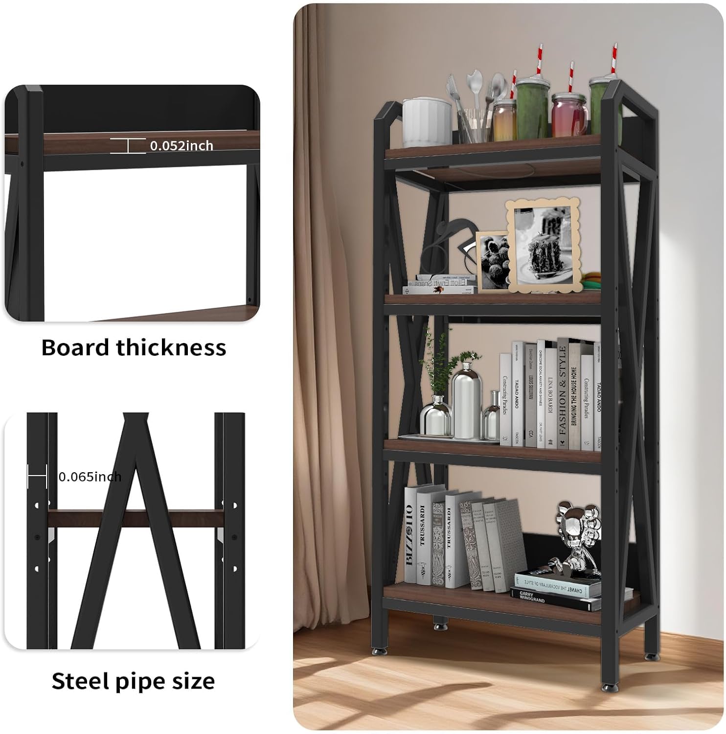 Bakers Rack with 4-Tier Adjustable Wood Shelves, Heavy-Duty Metal Frame Kitchen Shelf Organizer, Microwave Stand for Kitchen, Living Room, Apartments, 25.6" Wider