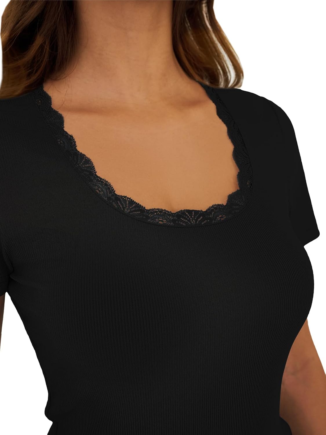Women's Short Sleeve Tops Scoop Neck Lace Trim Ribbed Fitted Tight Shirts Casual Basic Tee Spring Clothes 2026 Trendy - Image 4