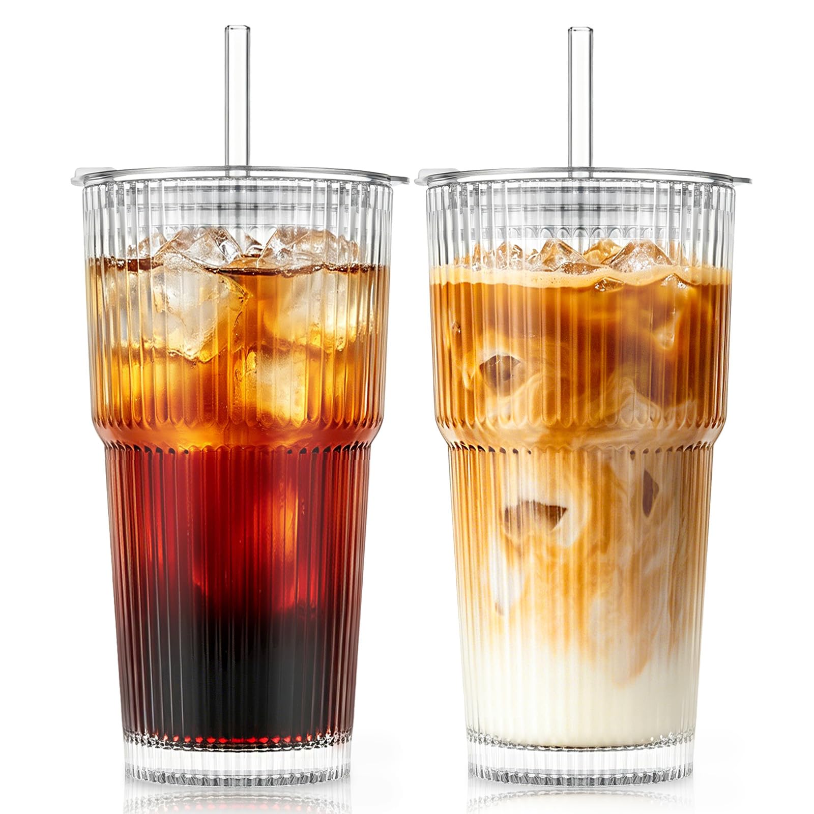 SoulTimes 600ml Glass Cups with Lids and Straws, Ribbed Glass Tumbler for Iced Coffee, Smoothie, Juice & Cold Drinks, Reusable Thick Glassware Set, Elegant Home & Travel Drinkware【2 Pack】