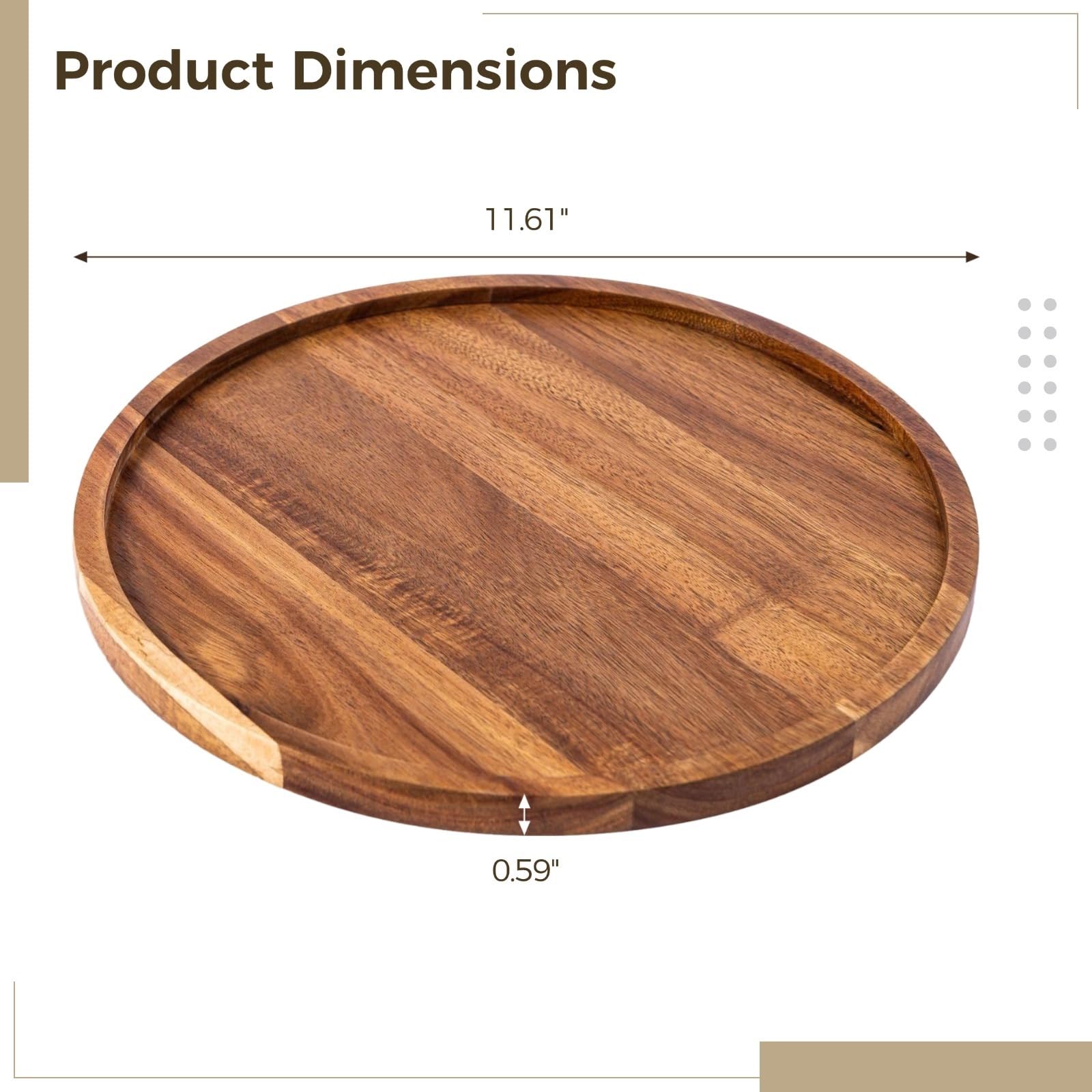 Serviertablett aus Akazienholz, rundes Holztablett für Vorspeisen und Charcuterie-Board, Dekoteller für Wohnaccessoires, 29,5 cm Durchmesser, natürliches Servierbrett für Küche und Wohnzimmer