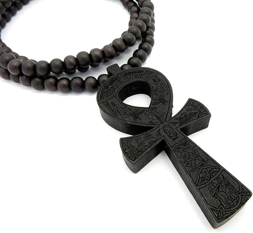 Miniatura 4 de Colgante de cruz egipcia Ankh 0.315 in 36" Collar de cuentas de madera en tono negro XJ224BK, Madera