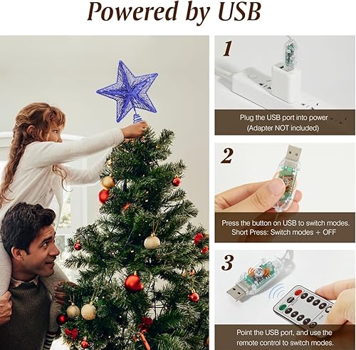 Miniatura 57 de Lewondr Decoración para árbol de Navidad, control remoto alimentado por USB, temporizador de 6 horas, estrella de árbol controlada con luces y Plata