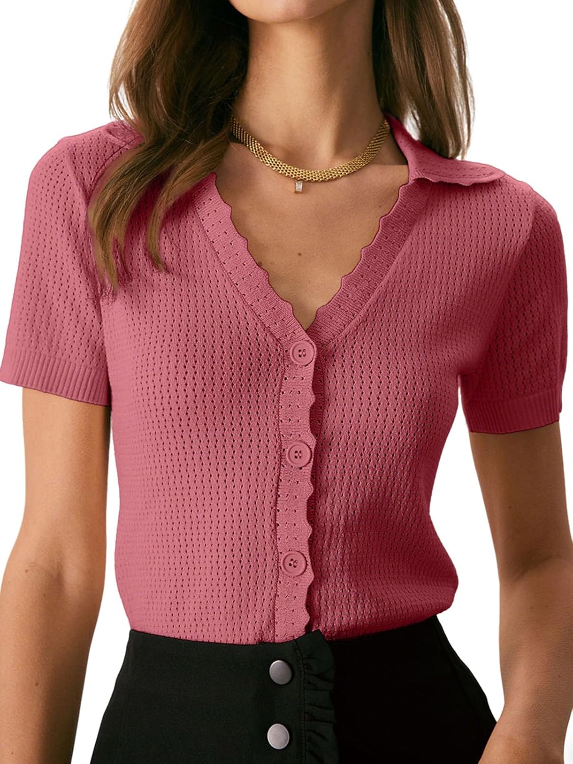 RIHOAS Womens Short Sleeve Cardigan Button Down Collared V Neck Pullover Sweater Button Up Knitted Trendy Tee Shirts