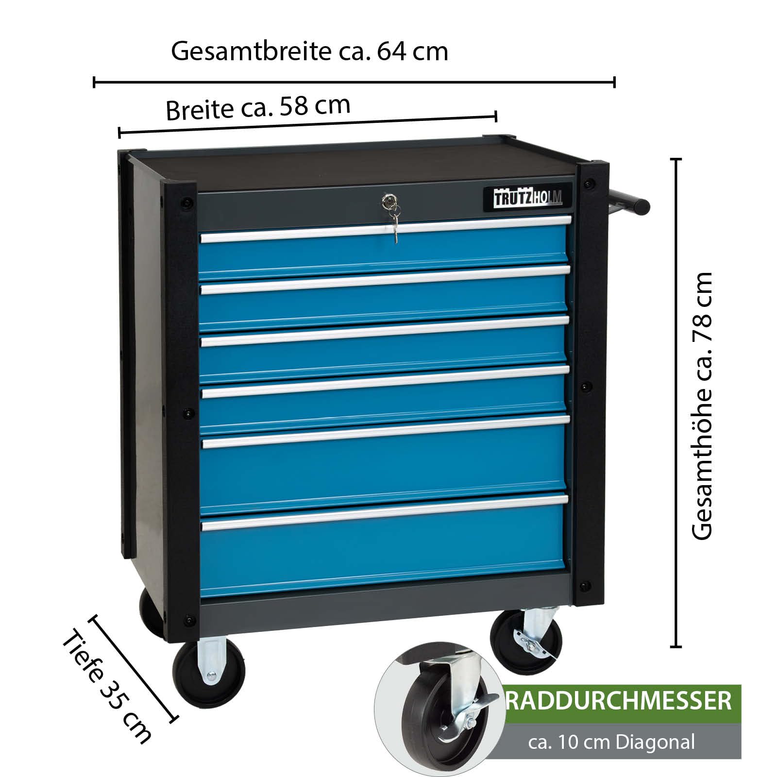 TRUTZHOLM Werkstattwagen TRUTZI mit 6 kugelgelagerten Schubladen, abschließbar, mit Anti-Slip-Einlagen, Eckschutzleisten, 4 Rollen (2 Lenkrollen mit Bremse), Traglast 105 kg, Stahl, blau
