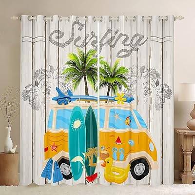 Manfei Surfing Window Curtains Tropical Palm Tree Window Treatments, Surf Theme Cartoon Car Surfboard Window Drapes for Kids Boys Teens Grommet Top 2 Panel Set Bedroom Curtains, 42Wx63L inch