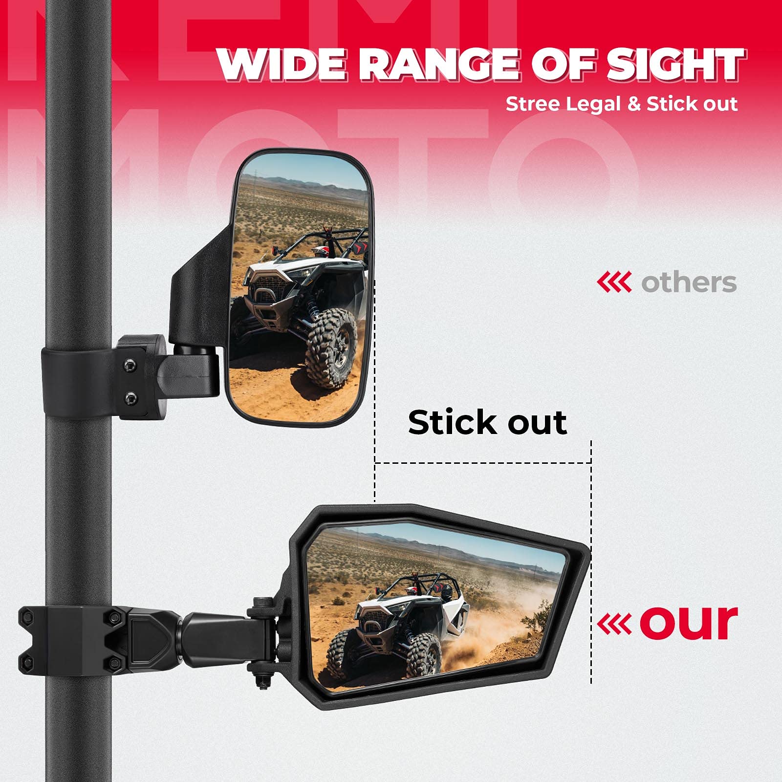 Kemimoto UTV RZR Side View Mirrors Fits 1.75 2" Roll Bar Compatible