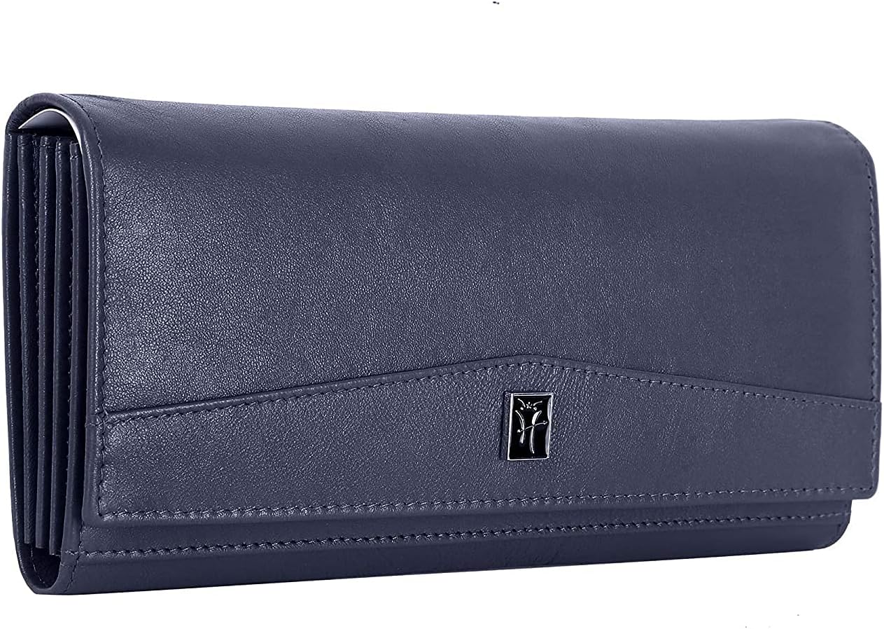Hawai Genuine Leather Stylish Wallet for Women | 4 Compartment | 5 Zippered Pocket | 2 Photo ID Window | 3 Card Slots |, Blue, 8 inch, Modern