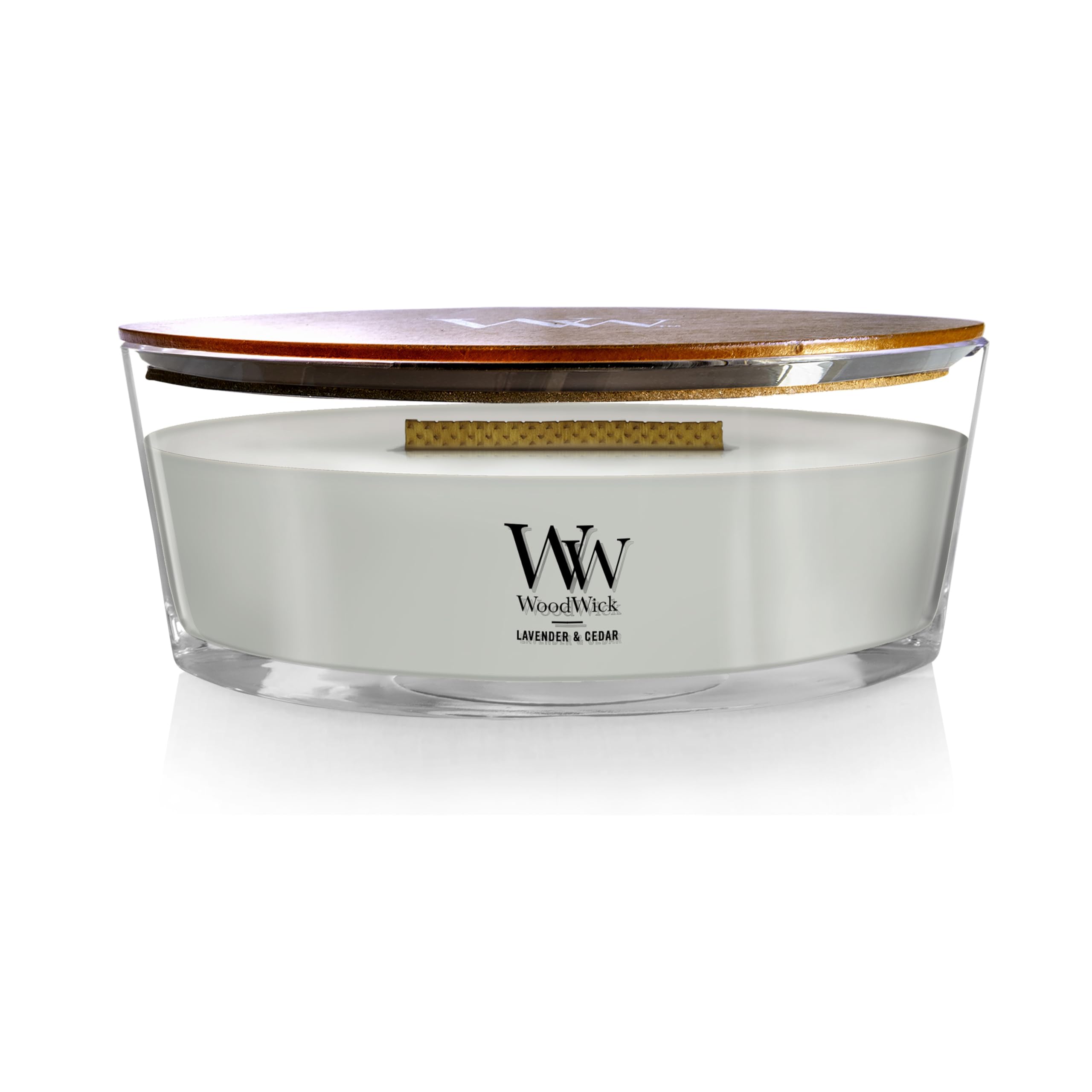 Bougie en pot WoodWick gris clair apaisante pour calmer le stress quotidien