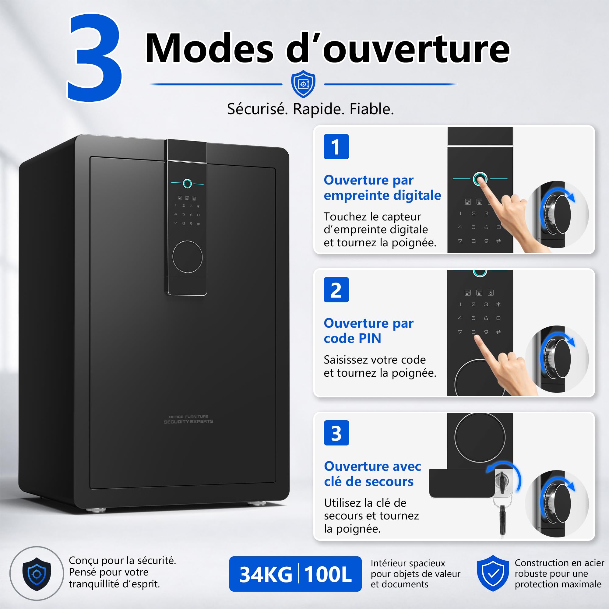34KG Lourd Coffre Fort en Acier, 100L Coffre-fort Électronique avec Empreinte, Digitale Code et Clé, pour Maison et Bureau, Idéal pour Bijoux, Argent et Documents A4, Notice en Français (Blanc,100L)