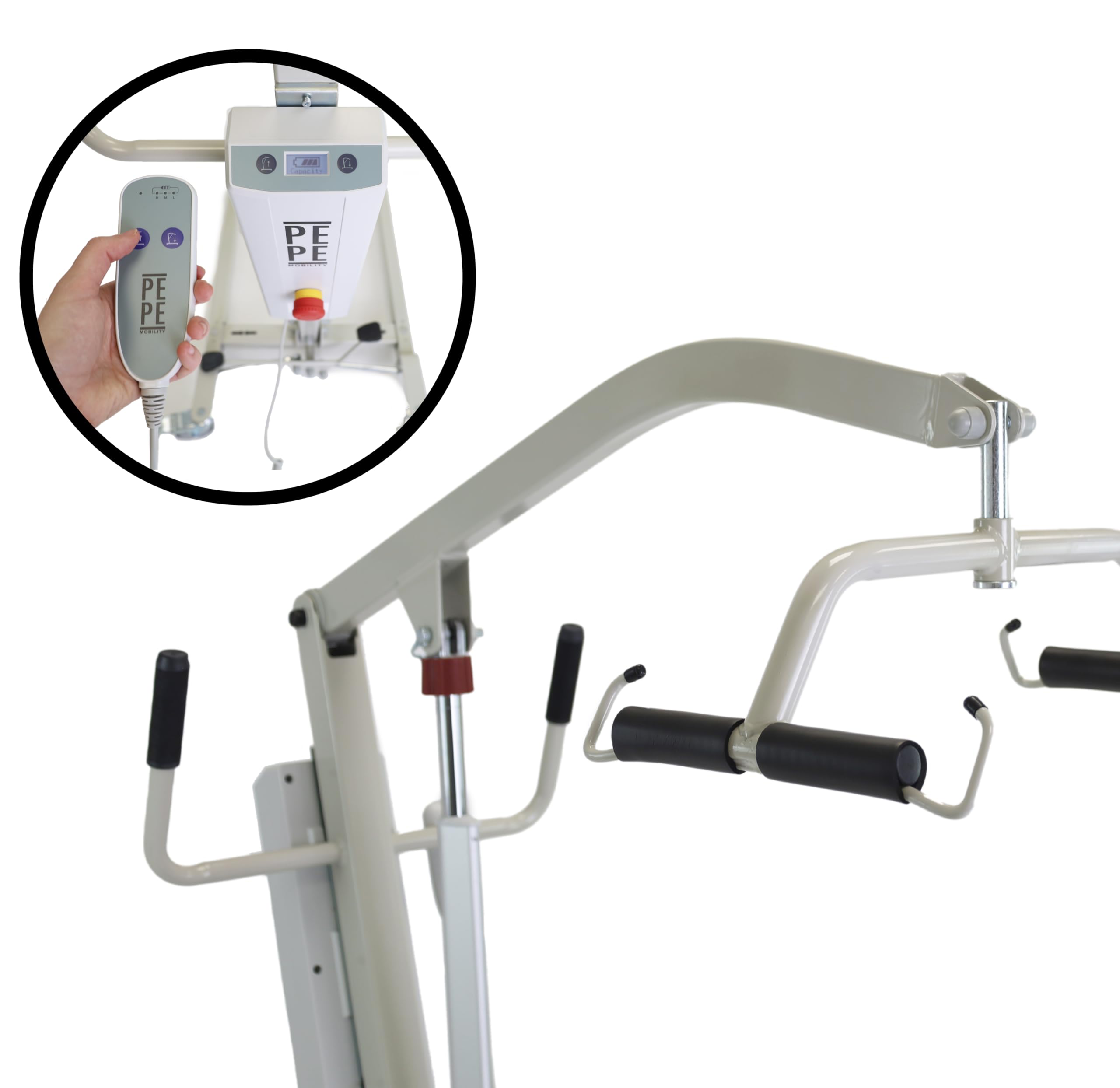 PEPE Mobility Grúa para Personas Mayores Eléctrica (hasta 150 kg), Arnés de Transferencia Incluido, Ancho Ajustable, Ruedas con Bloqueo Seguridad