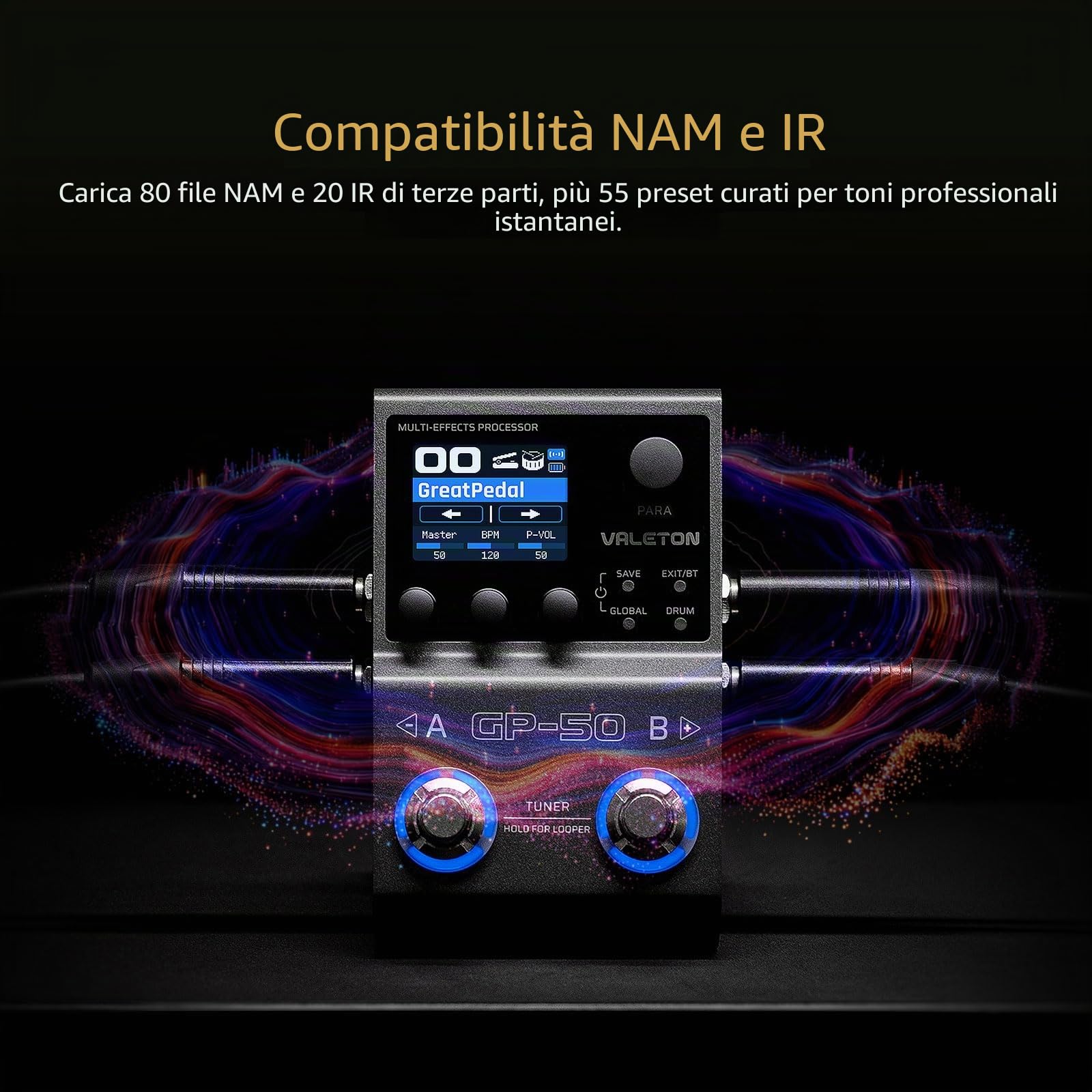 VALETON Processore Multi-Effetti & Loader NAM/IR con 100+ Effetti HD, 9 Moduli Simultanei, Controllo App BT, 100 Slot Patch per Chitarra e Basso GP-50