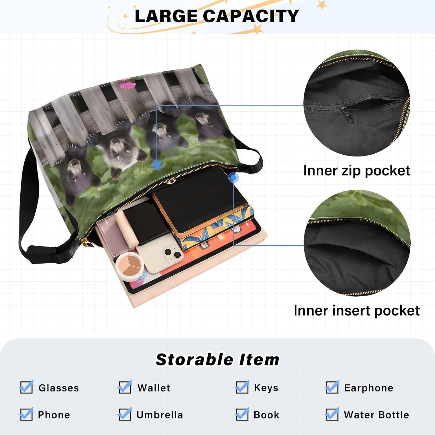 Crossbody Bag Cub Bear Fence Print, Large Capacity Leather Shoulder Bag Zipper Closure with Fabric Strap