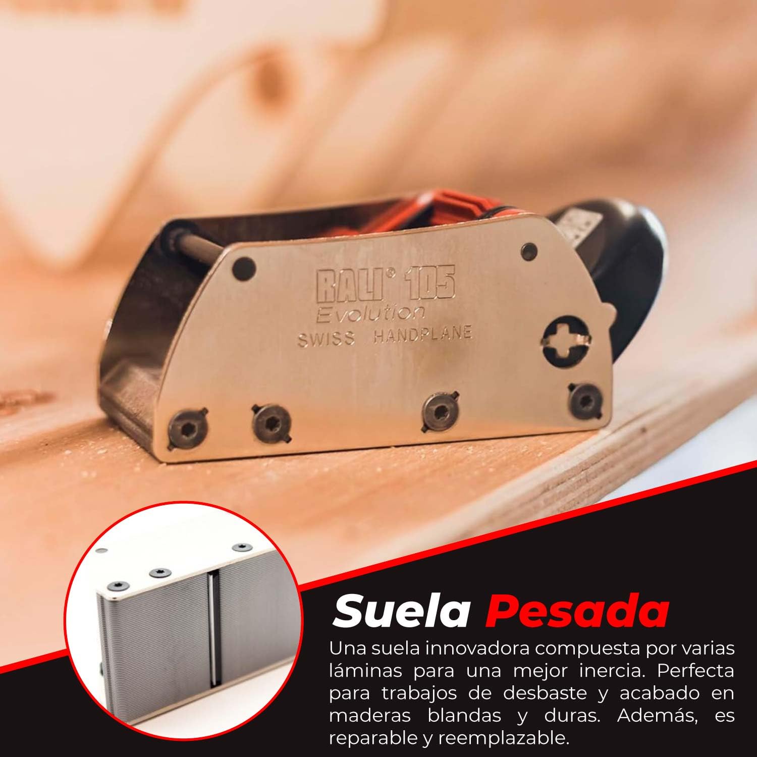 RALI 105 EVOLUTION N: Cepillo de palma sin afilado con 4 cuchillas reversibles | Cepillo manual para carpinteros | Ajustes fáciles de la profundidad de corte y del contrahierro | Siempre operativo
