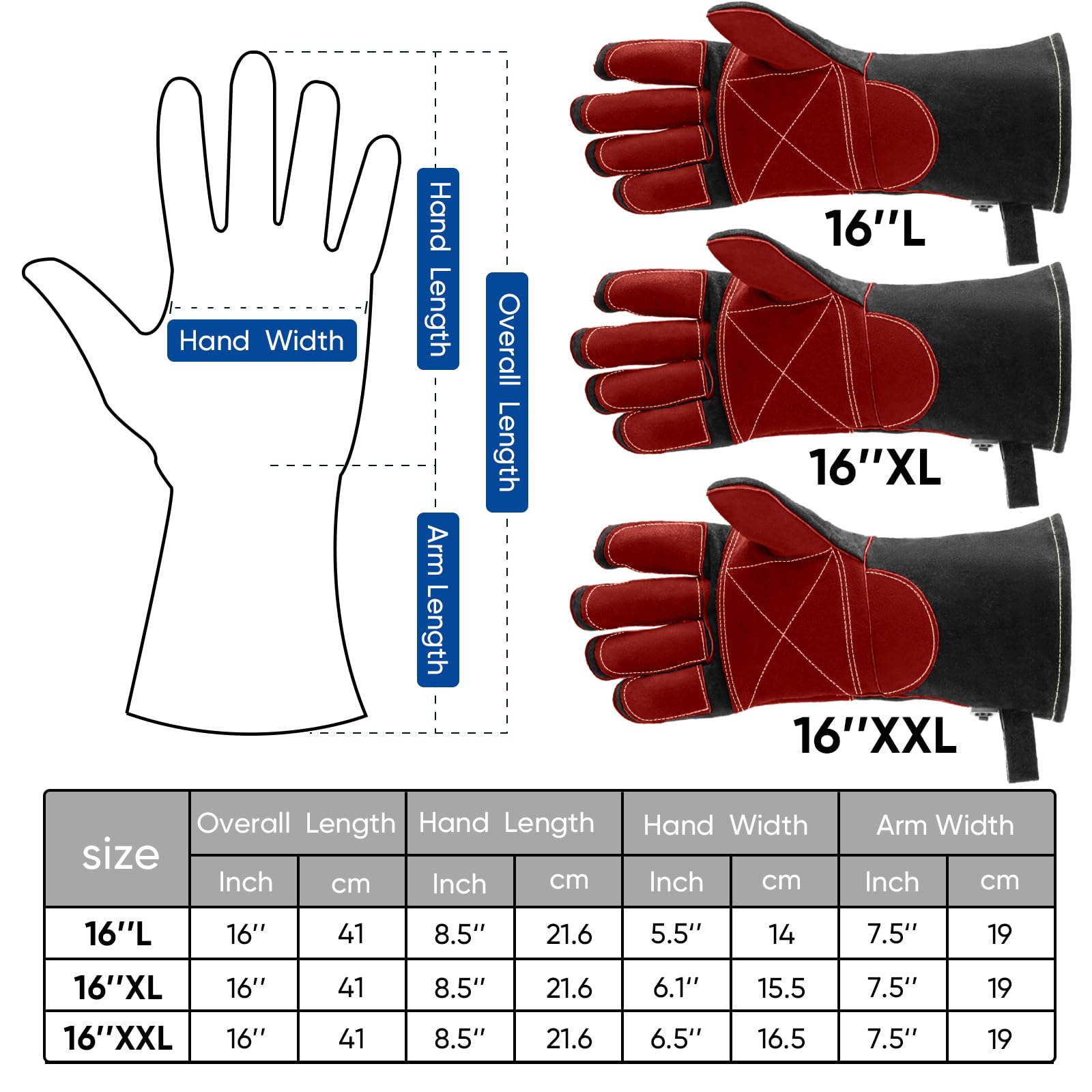 TICONN Gants de soudage de 40,6 cm, résistants à la chaleur de 537,8 °C, gants en cuir ignifuges pour soudeur, bâton, forge, Mig, Tig, barbecue, pâtisserie, four (noir/rouge, taille L)