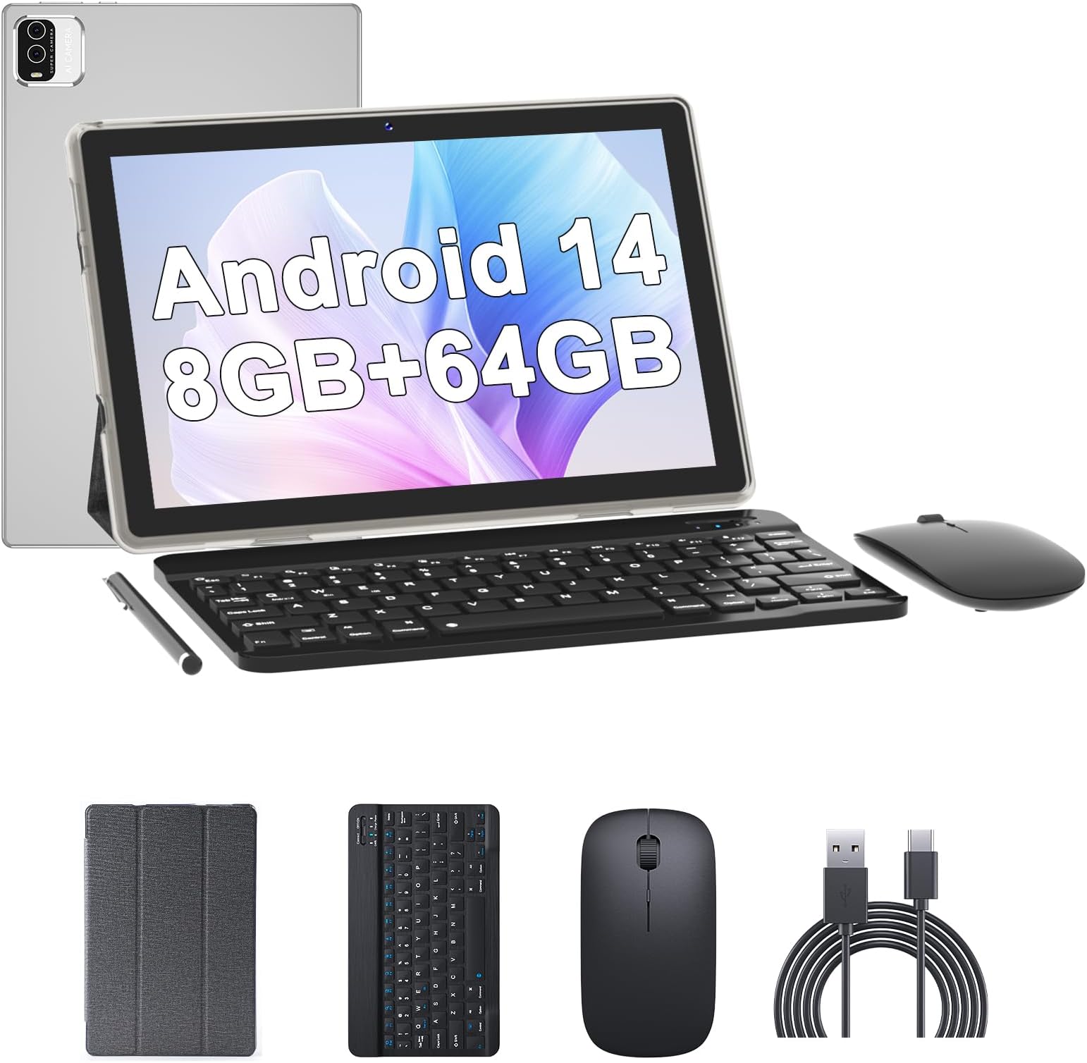 Tablet 10 Inch Android 14 Tableta, 2 in 1 Tablets with Keyboard Mouse Case Stylus, 8GB RAM+64GB ROM Support 1TB expansion, 2MP+8MP Dual Camera, 6000mAh Battery, Bluetooth WIFI6 1280 * 800 10.1" HD Tab