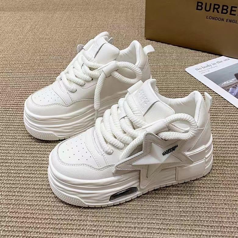 PU Leather Retro Bold Chunky Platform Star Sneakers for Women Y2K Streetwear Shoes with Thick Sole for Daily Outfits Stylish Comfortable Statement Look4