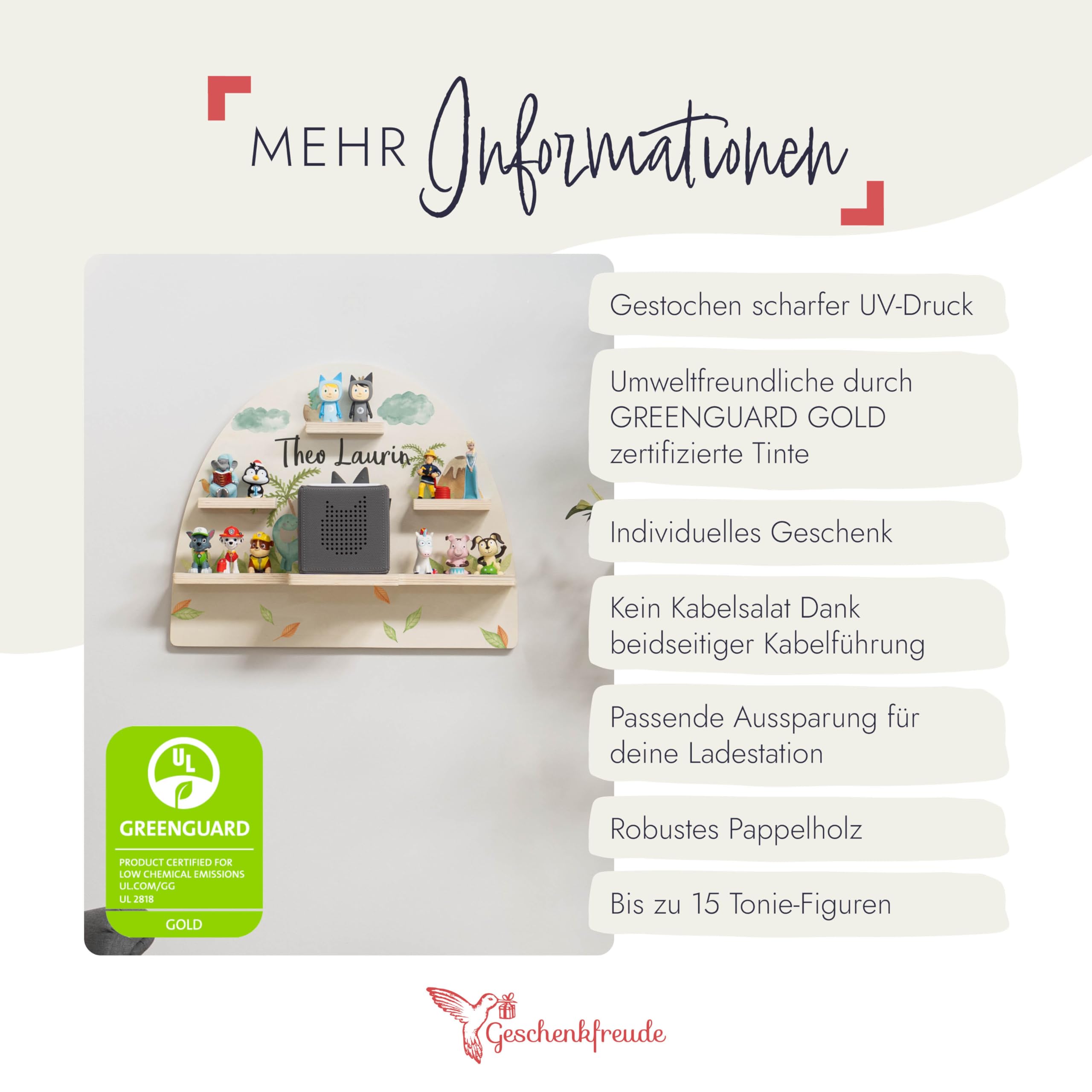 Geschenkfreude Personalisiertes Toniebox Regal für Kinderzimmer - Kinder Wandregal für Tonie Hörfiguren - Magnetisches Tonie Wandregal zur aufbewahrung von Tonieboxen und Figuren – Dino