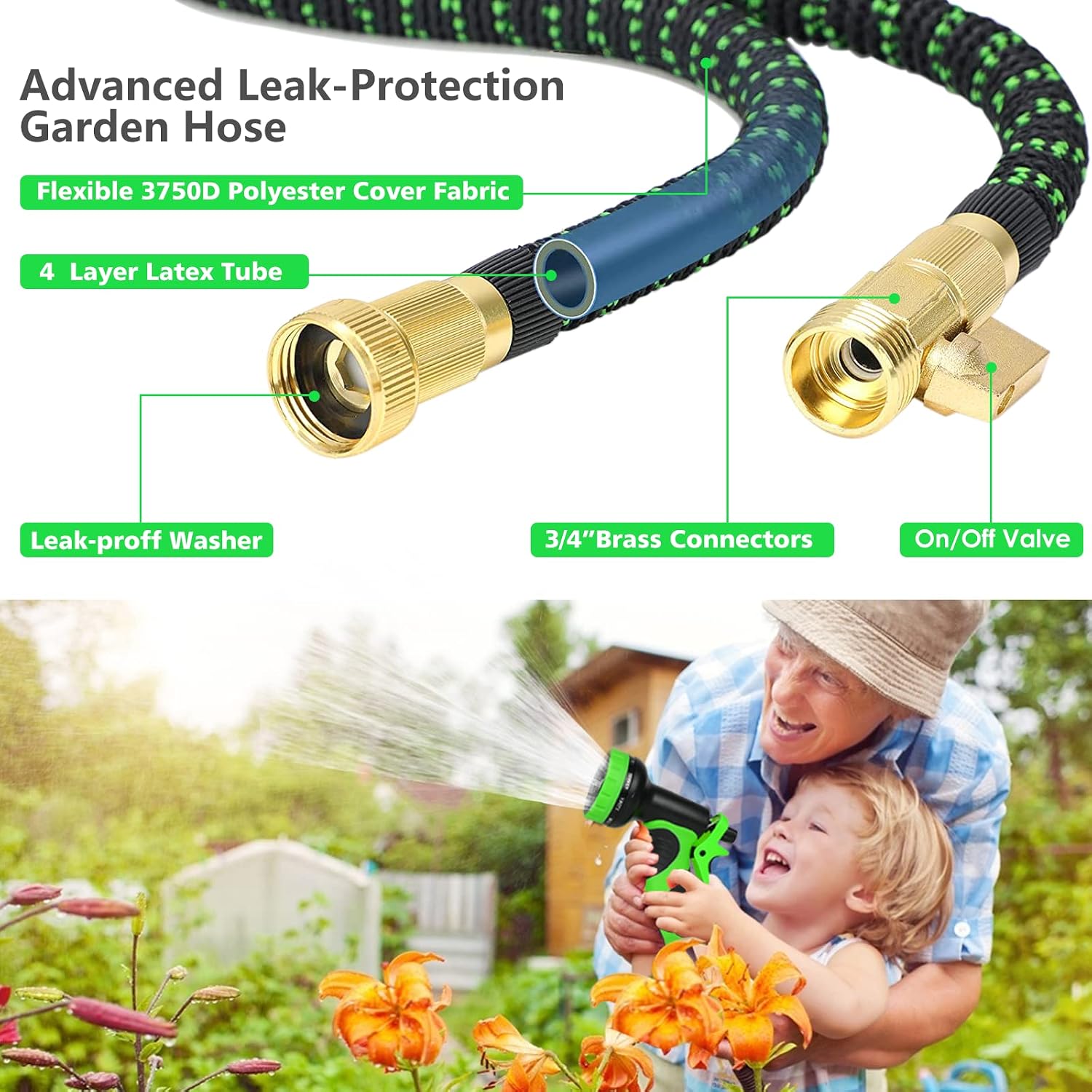 Garden Hose 50ft, Expandable Garden Hose 50FT with 10 Function Nozzle, flexible garden hose with 4-Layers Latex 3/4" Solid Brass Fittings,3075D Retractable Garden Hose Leakproff Expandable Water Hose