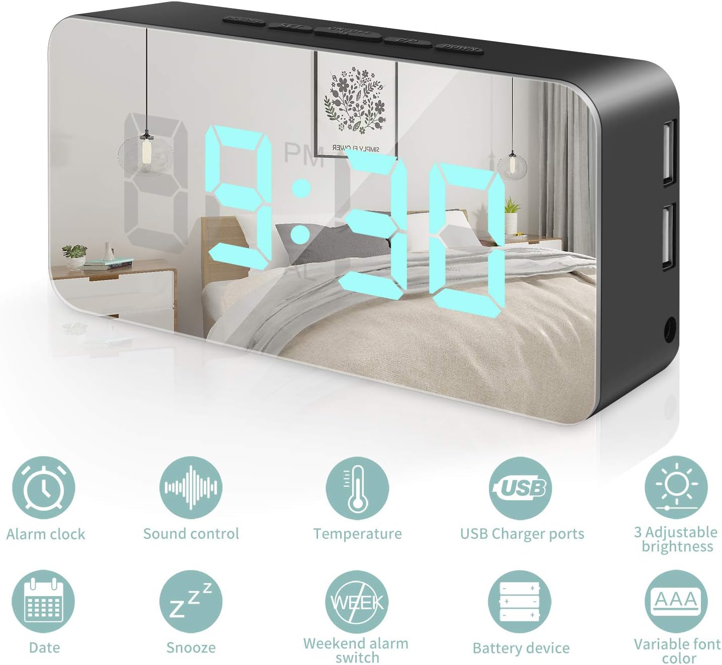 KONKY Digital Alarm Clock, Mirror Surface Desk Clock Large Color LED Display with Dimming Mode 2 USB Charging Ports and Big SNOOZE Button for Kid, Home, Office, Daily Life