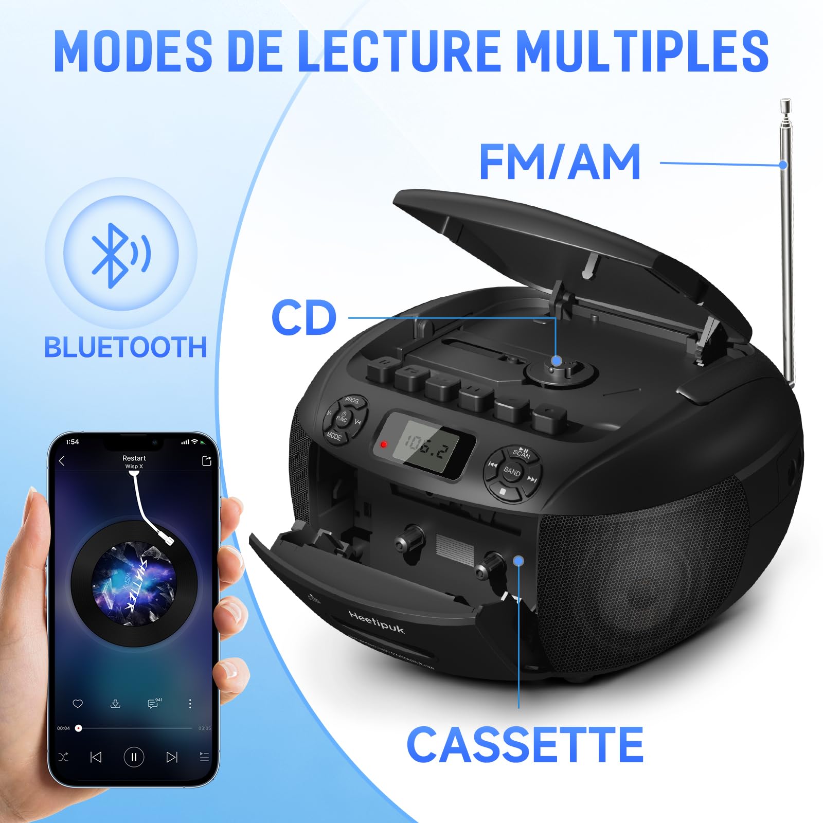 Radio Cassette CD Portable, CD66 Lecteur CD Bluetooth, Poste CD Cassette Radio avec Entrée Audio USB/AUX, Haut-Parleur Boombox, Lecture MP3 pour Adulte et Enfant