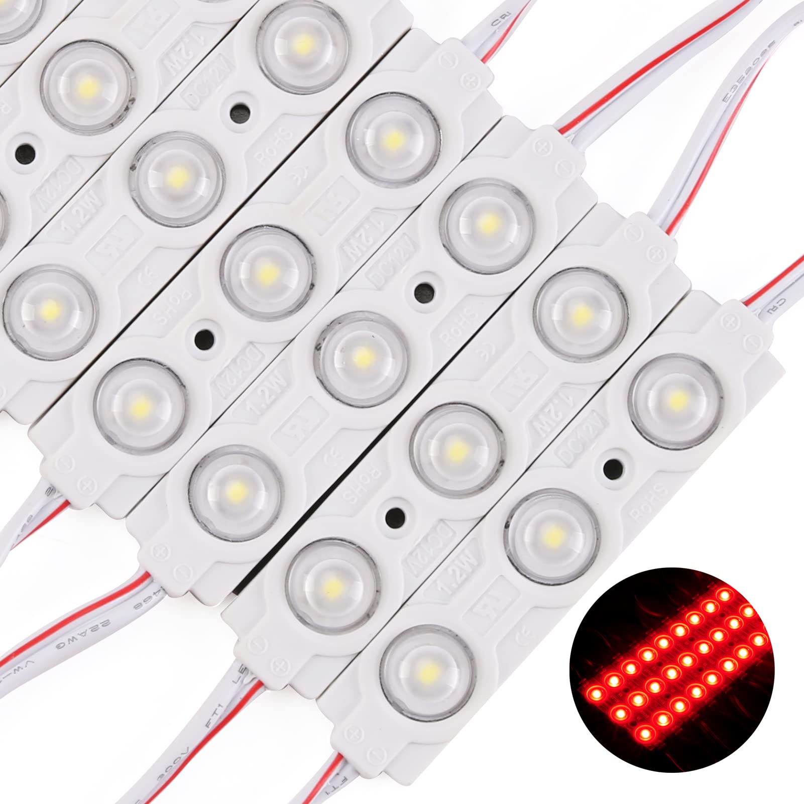 Lot de 200 modules LED 12 V CC lumière rouge 1,2 W 3 LED avec lentille étanche décorative pour panneaux publicitaires, lettres avec ruban adhésif à l'arrière