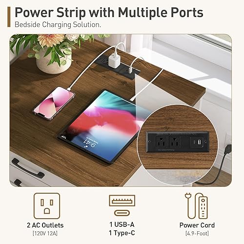 Miniatura 5 de Mesa auxiliar de granja con estación de carga, mesa auxiliar de sofá de 24 pulgadas con 2 cajones y puerta de granero, mesita de noche cuadrada de