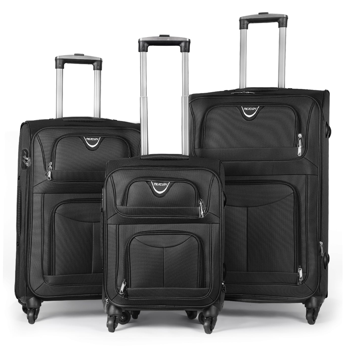 MERCURY TEXTIL - Juego de Maletas 3pcs de Tela (Negro) | con 4 Ruedas Giratorias 360°, Expandible (Cabina, Mediana y Grande), Cierre de Seguridad - Ideal para Viajes y Vacaciones