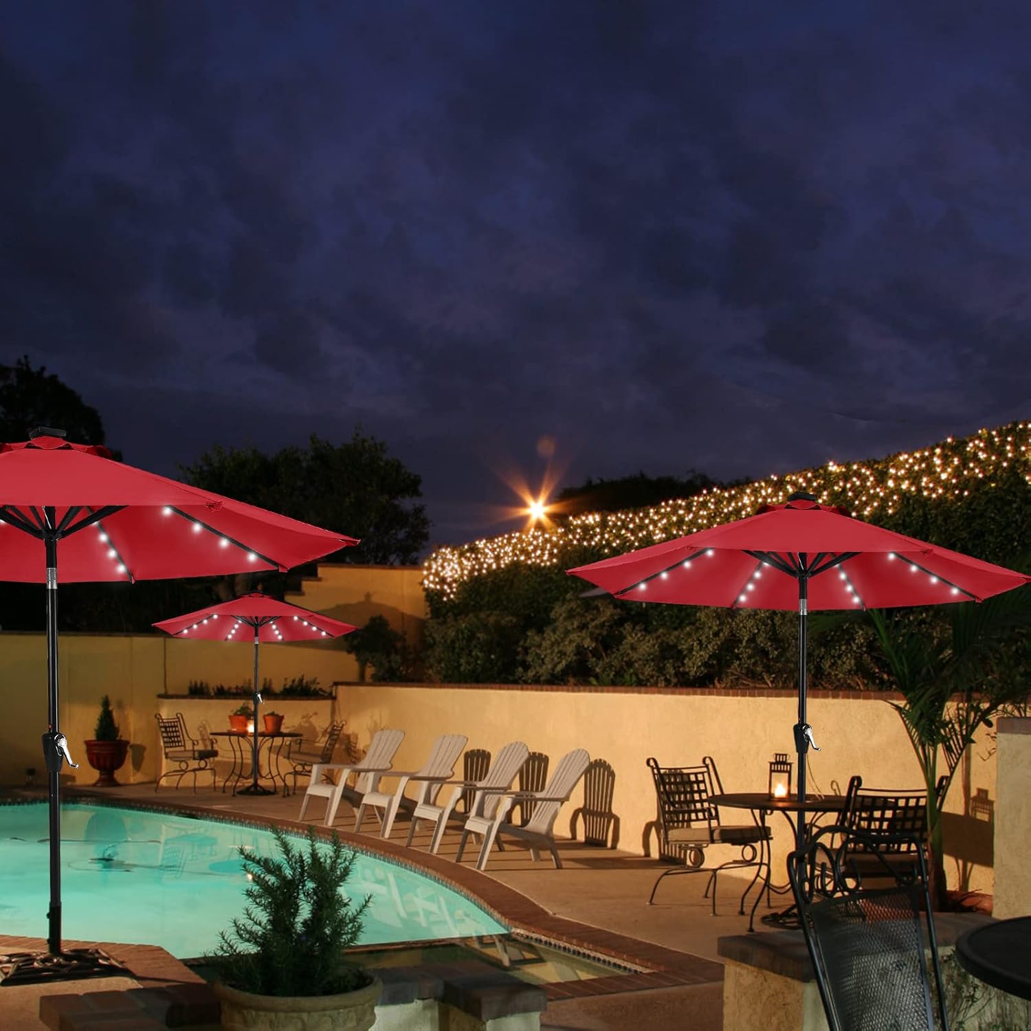 MASTERCANOPY Patio Umbrella with 32 Solar LED Lights -8 Ribs (9ft,Red)