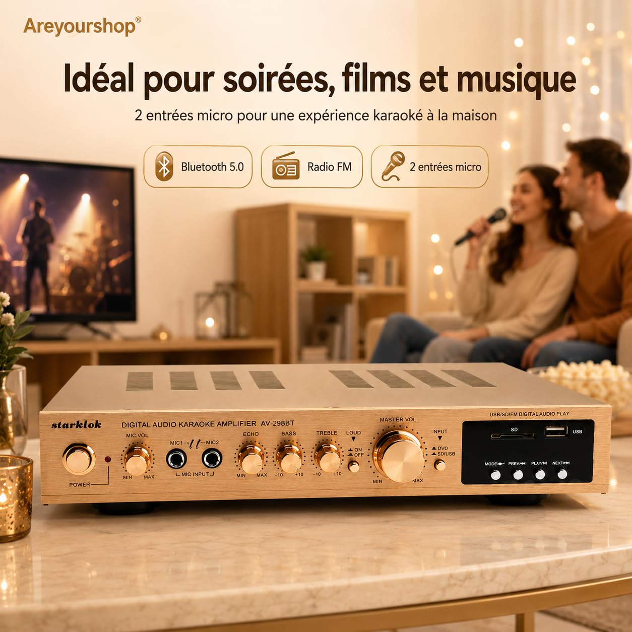 Amplificateur stéréo HiFi 2000 W, ultra fin, 5 cm, en aluminium, amplificateur audio surround AV surround, Bluetooth 5.0, home cinéma, lecture SD/USB, FM Radi