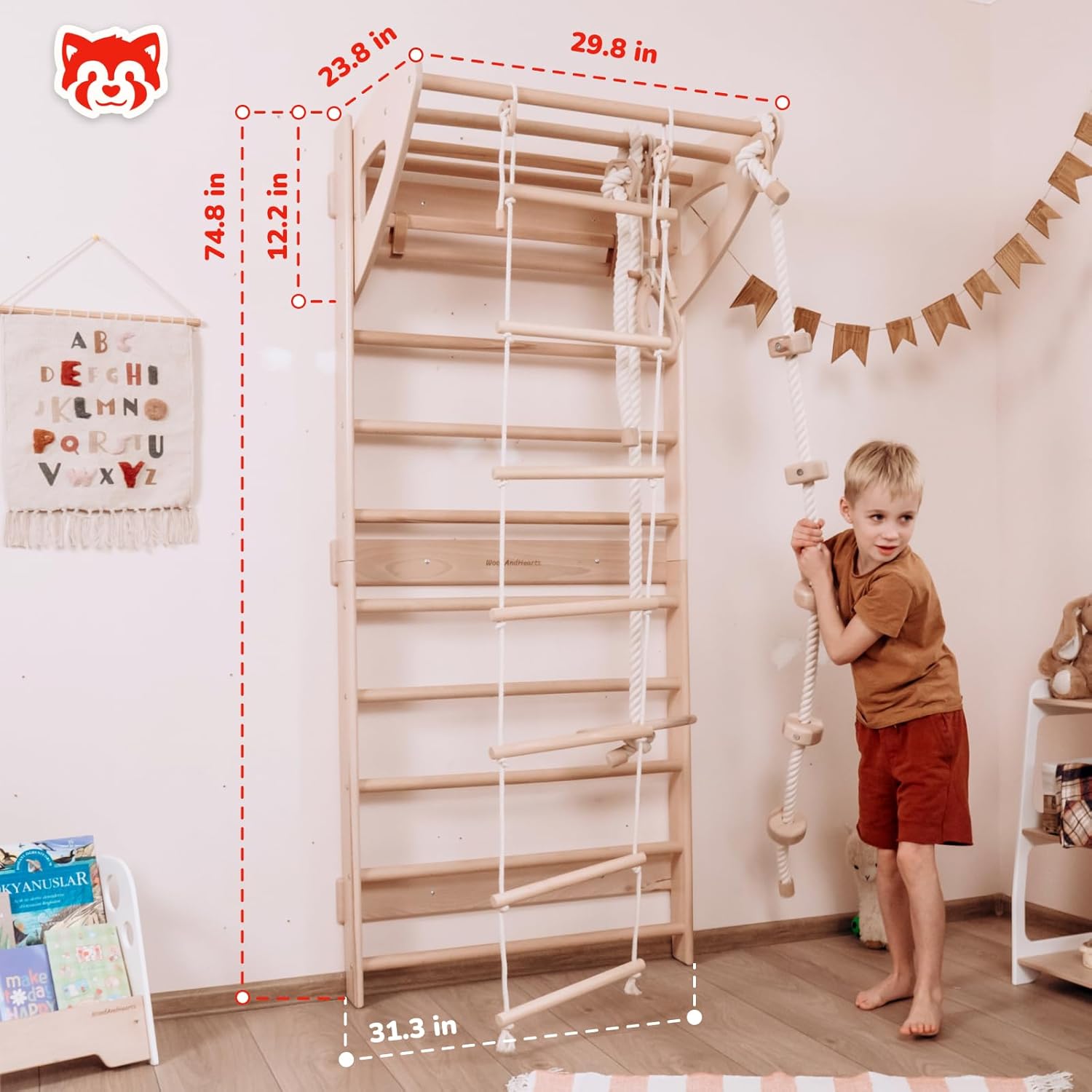 Woodandhearts Swedish Ladder for Kids with Rope Accessories - Indoor Jungle Gym, Indoor Jungle Gym for Kids Ages 3-16, Indoor Climbing Gym (Swedish Ladder of 2 Parts(Natural Wood Color))